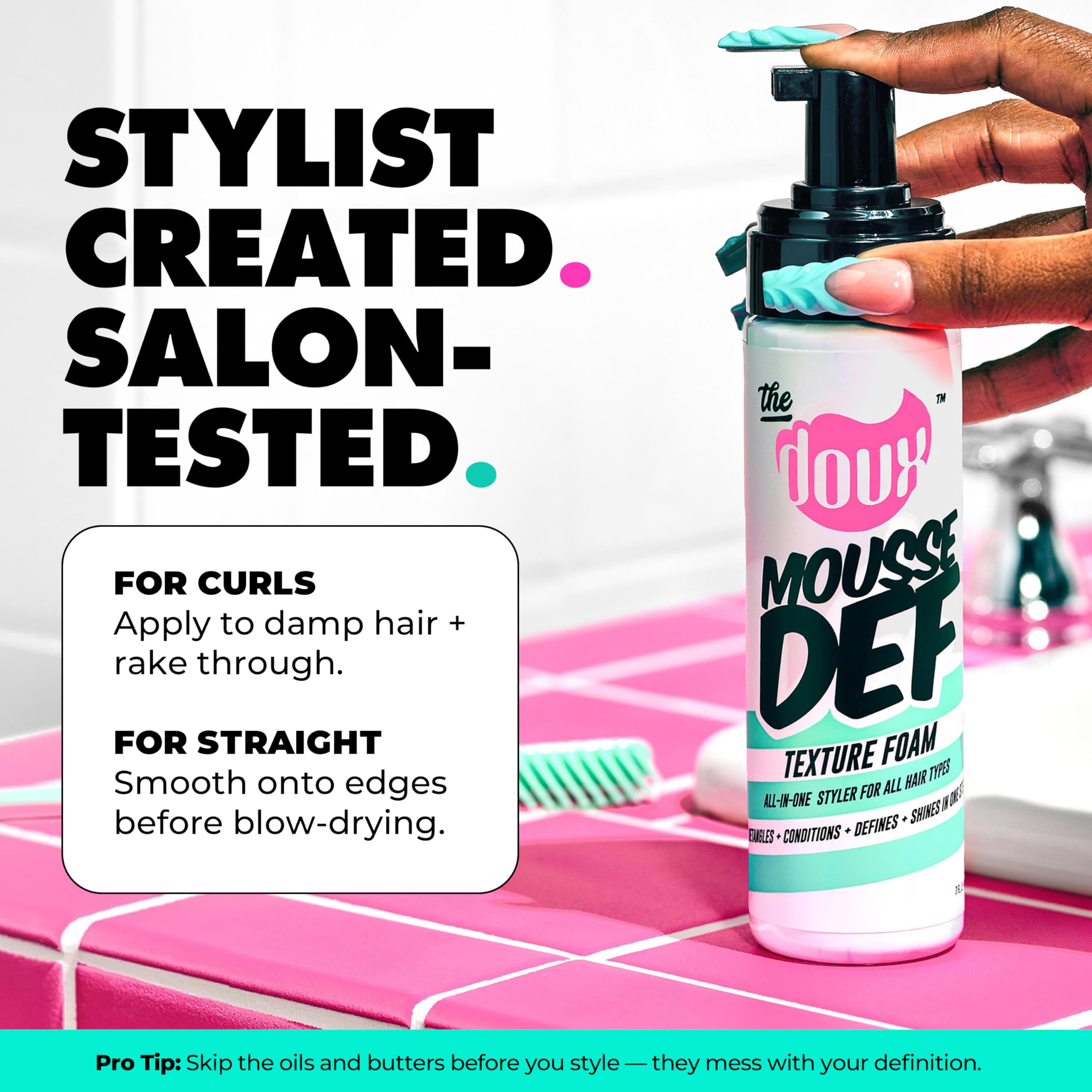 The Doux silk protein and aloe formula hydrates curls for manageable hair.