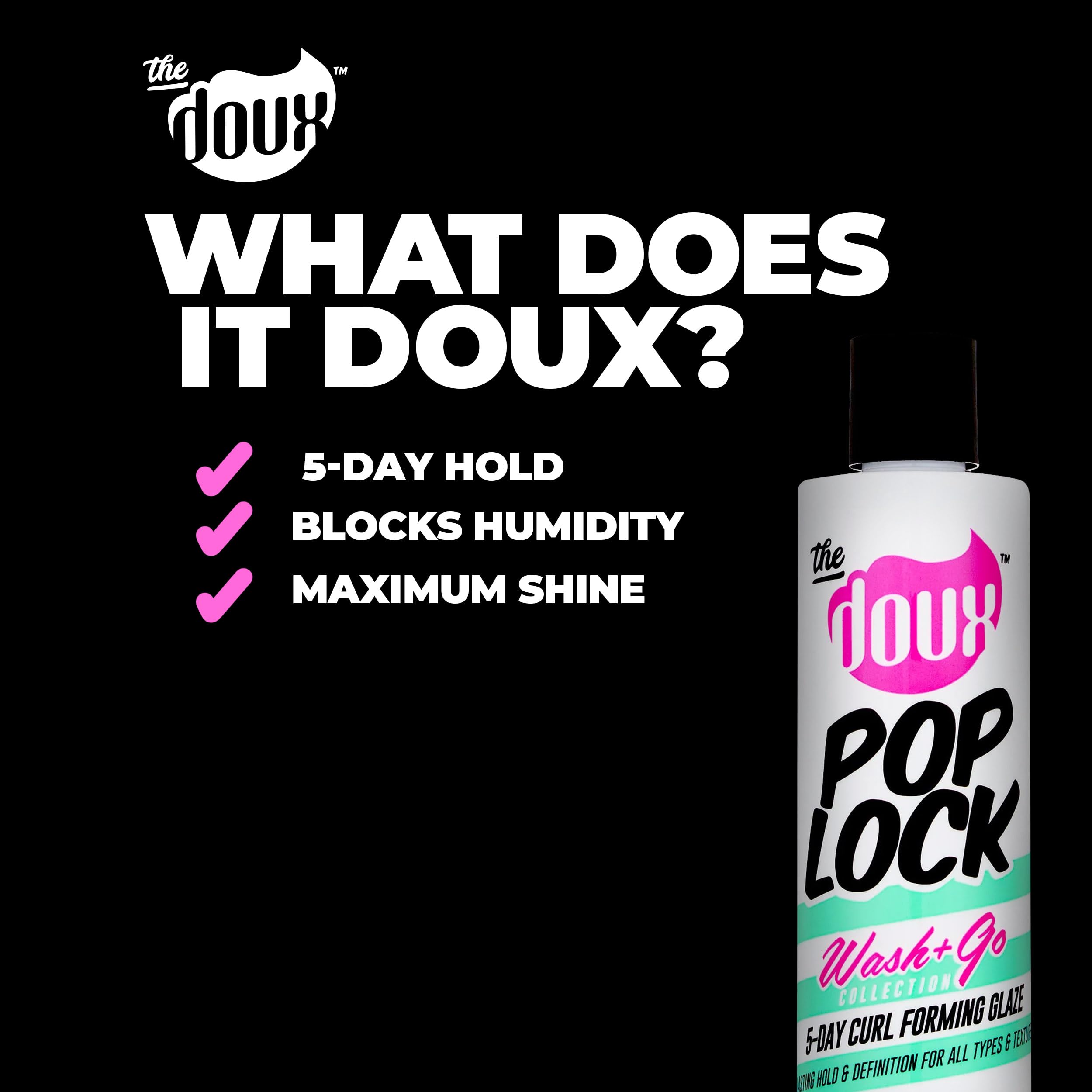The Doux POP LOCK anti-humidity scene captures protected curls in humid weather.