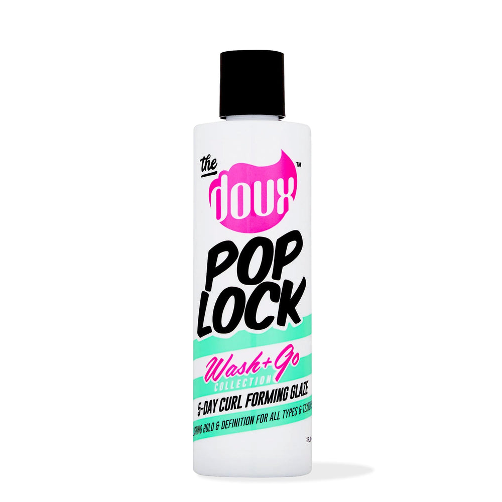 The Doux POP LOCK bottle pour shows easy application for smooth wash-n-go curls.
