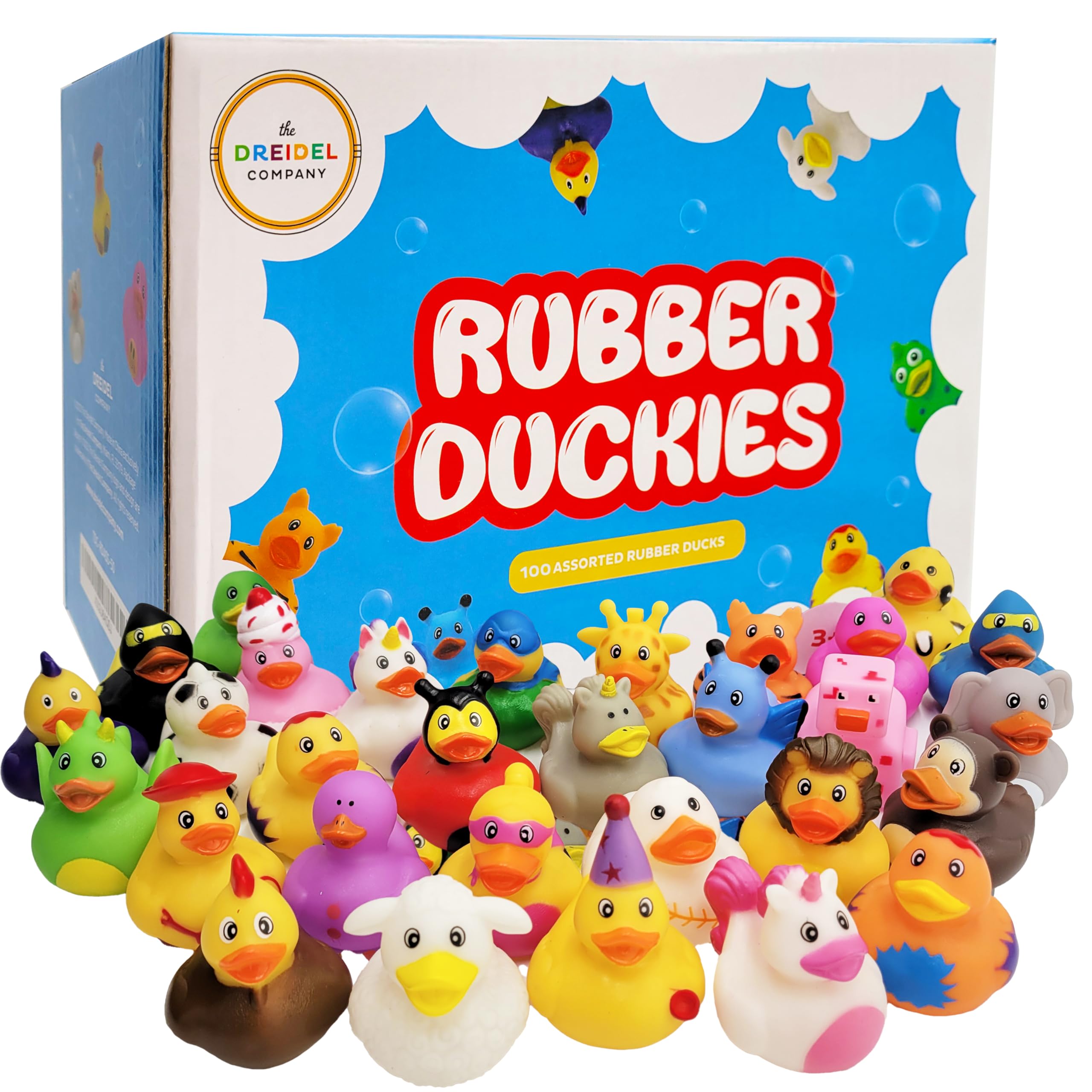 The Dreidel Company 100-pack rubber ducks in a colorful bath-time assortment for kids.