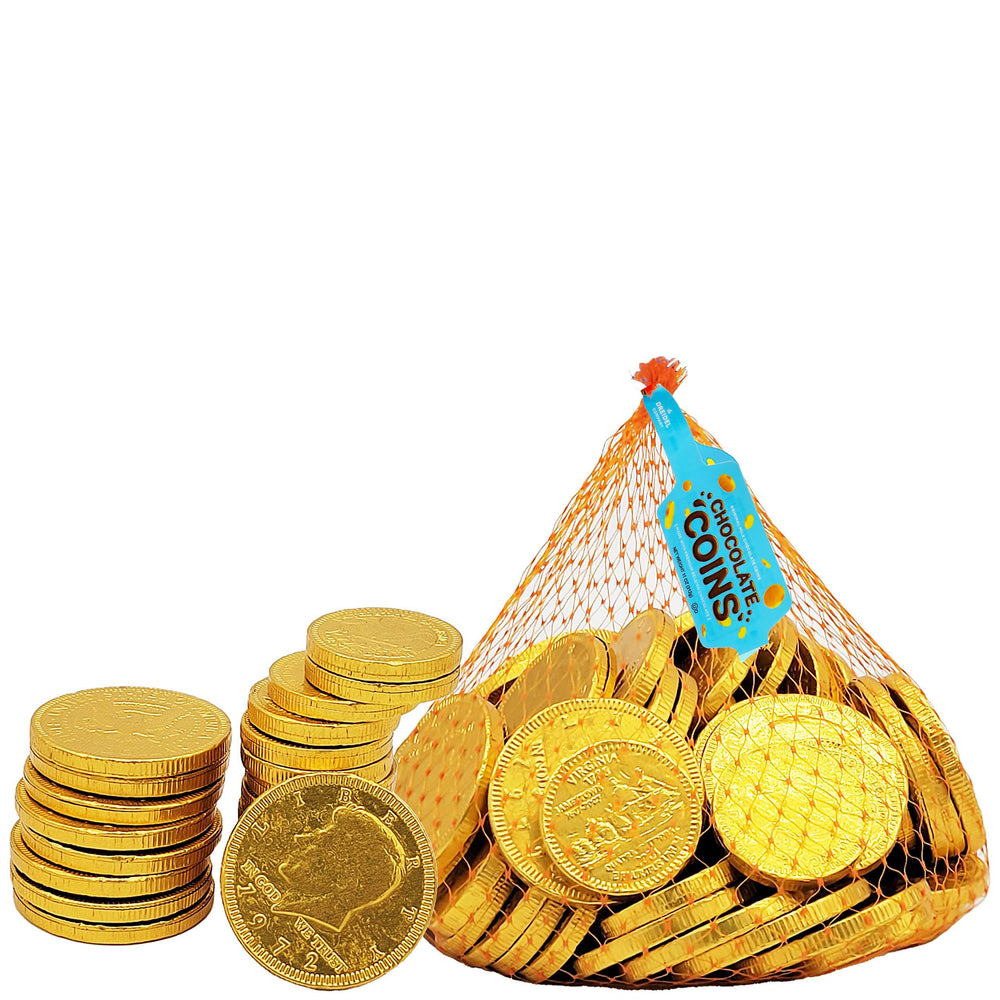 The Dreidel Company gold foil half-dollar coins highlight a festive money-themed display.