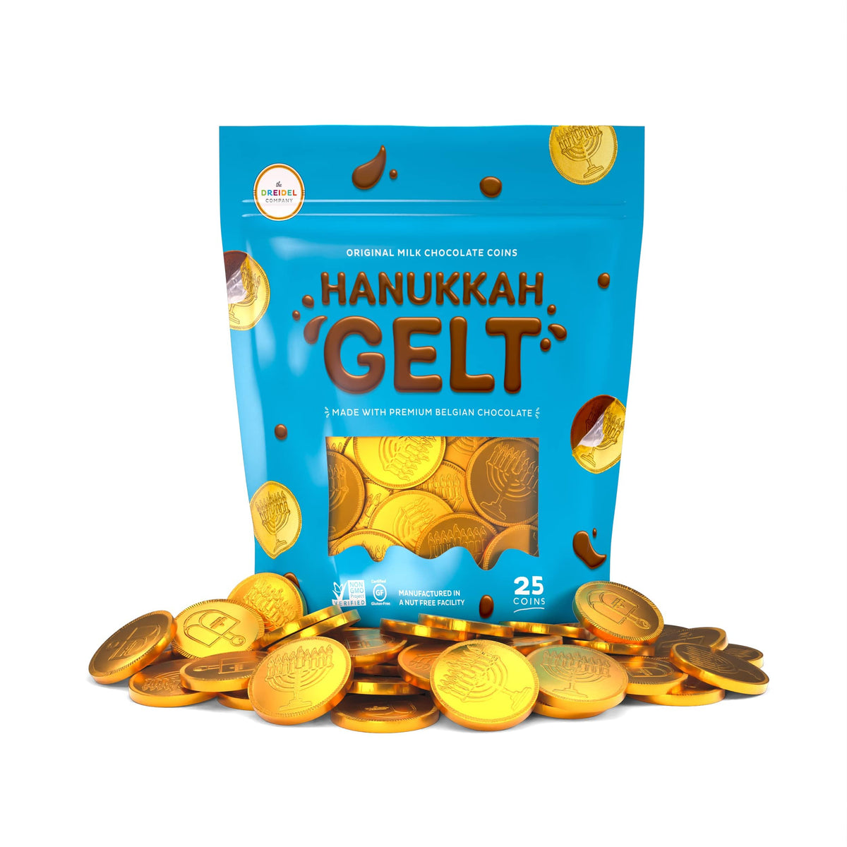 The Dreidel Company gelt coins with gold menorah design for Hanukkah celebrations and gifts