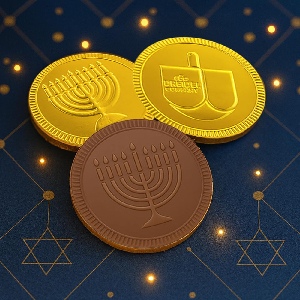 The Dreidel Company gift-ready gelt box and mesh bag set for celebrations