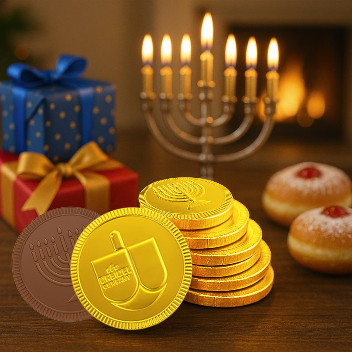 The Dreidel Company gelt coins on display with kosher dairy notes
