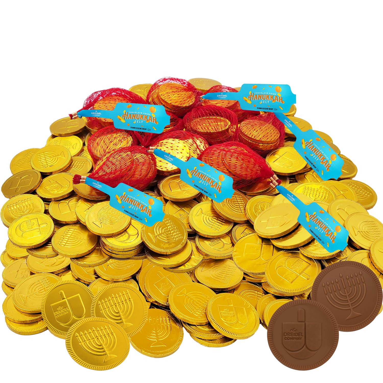 The Dreidel Company Hanukkah gelt coins in a mesh bag for party favors