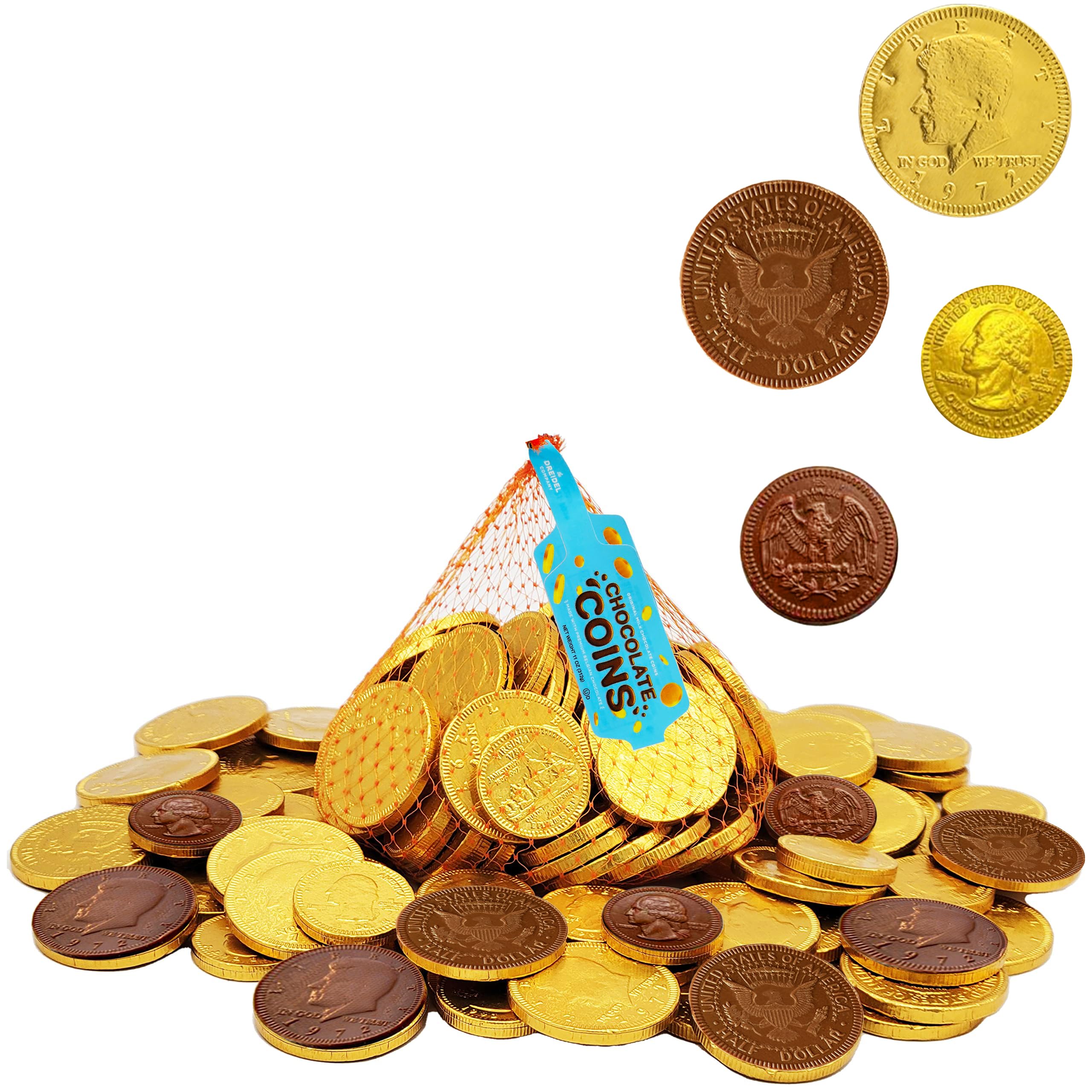 The Dreidel Company milk chocolate coins in a large mesh bag, ideal for party favors and candy buffets.