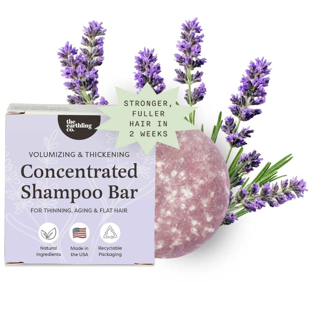 The Earthling Co. volumizing shampoo bar, wild lavender packaging, for fuller hair and gentle cleansing.