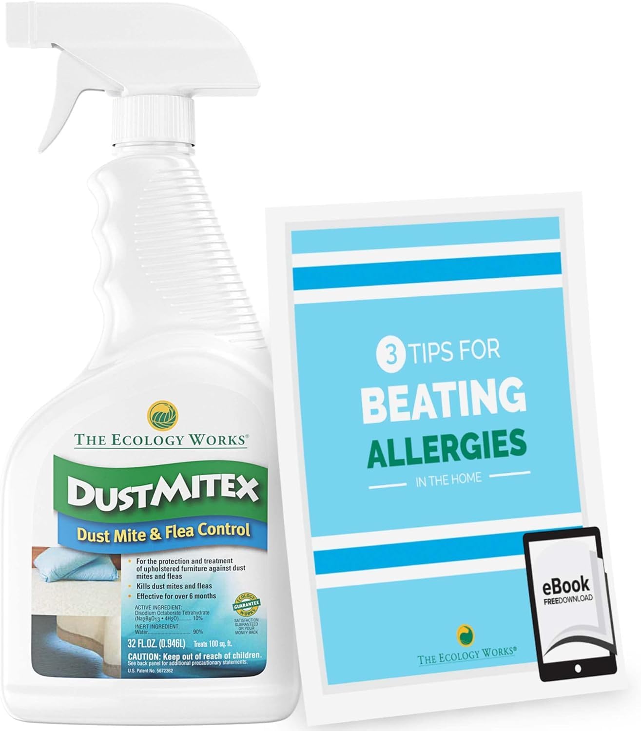 The Ecology Works DustmiteX bottle ready to treat hidden dust mites on surfaces.