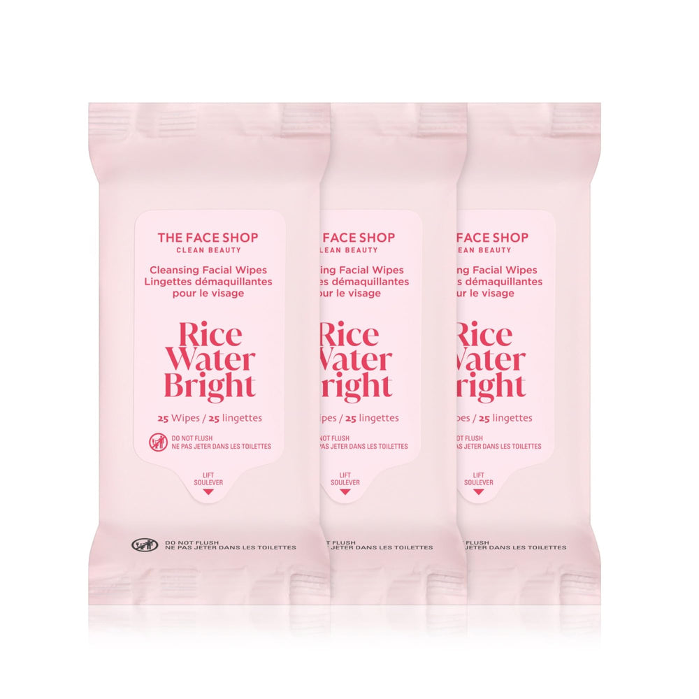 The Face Shop x Glamzilla Rice Water Bright wipes pack front for quick cleansing on the go.