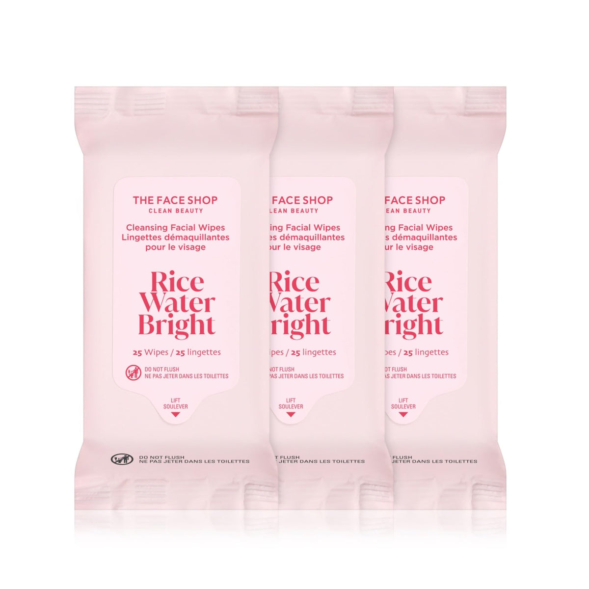 The Face Shop x Glamzilla Rice Water Bright wipes pack front for quick cleansing on the go.