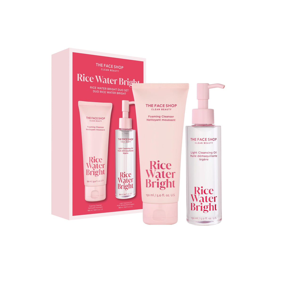 The Face Shop Rice Water Bright duo packshot for an easy daily double cleanse.