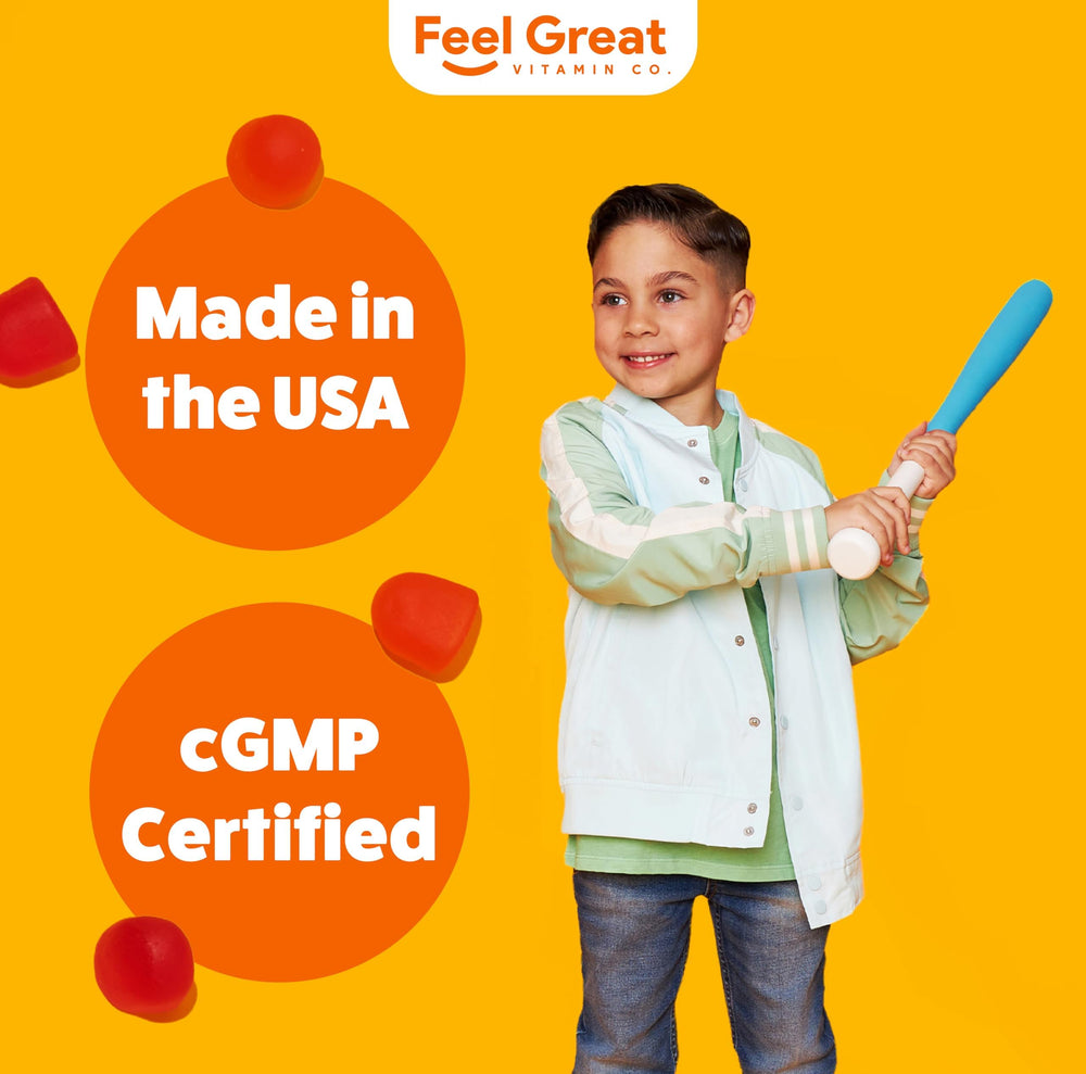 A parent helps a child take The Feel Great D3 gummy with juice.