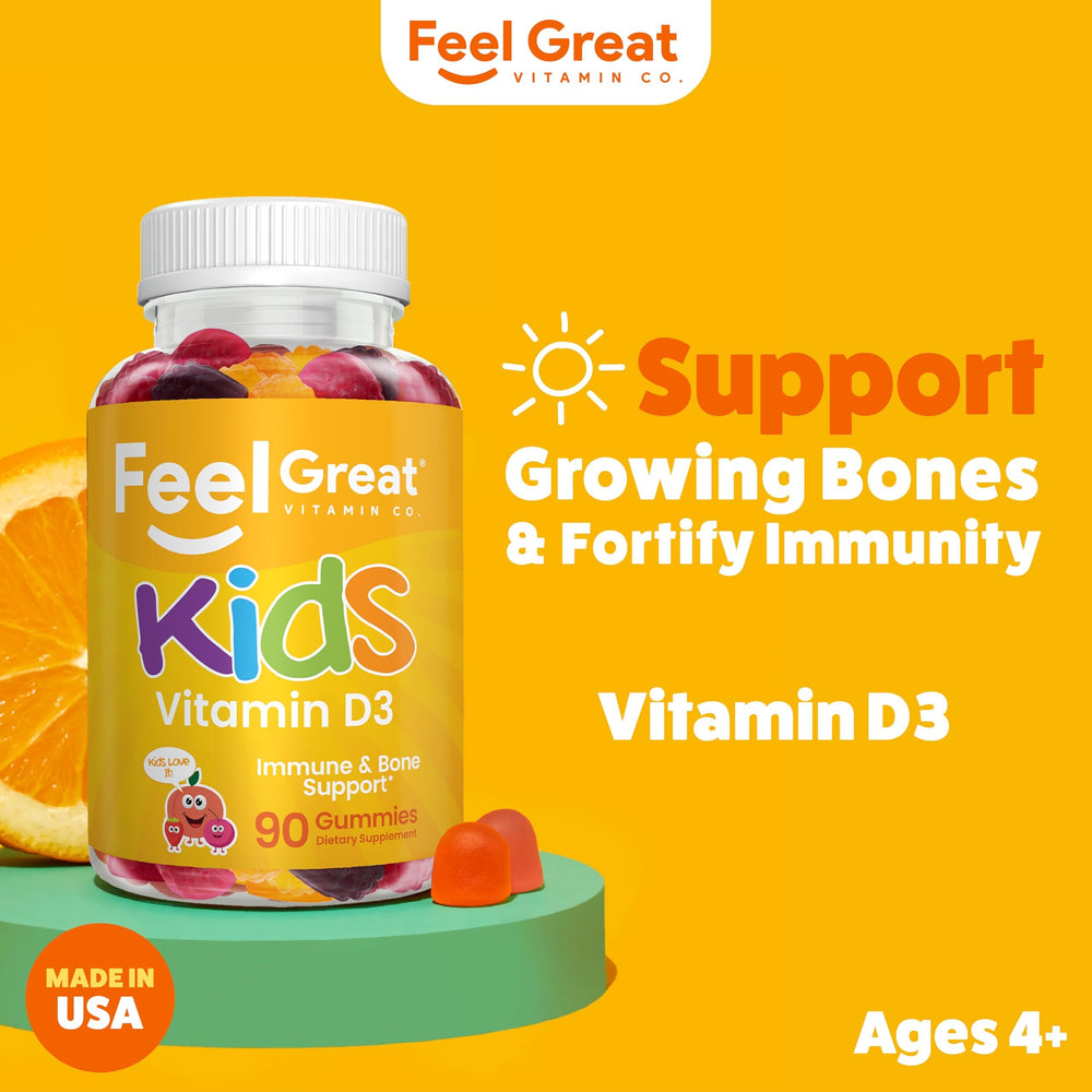 The Feel Great Kids D3 chews beside a school backpack, ready for back-to-school support.