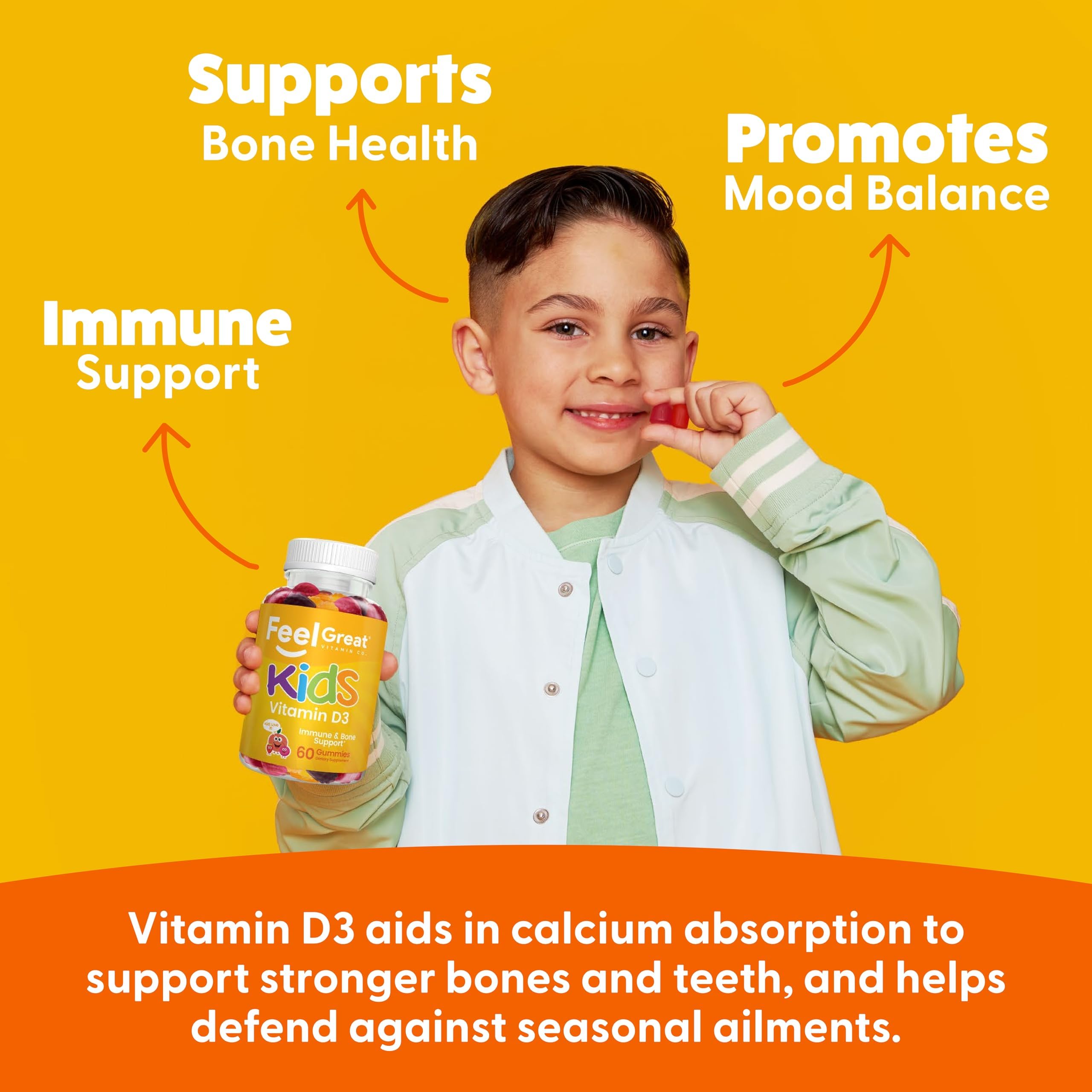 The Feel Great Kids D3 gummies arranged on light background, attractive for picky eaters.