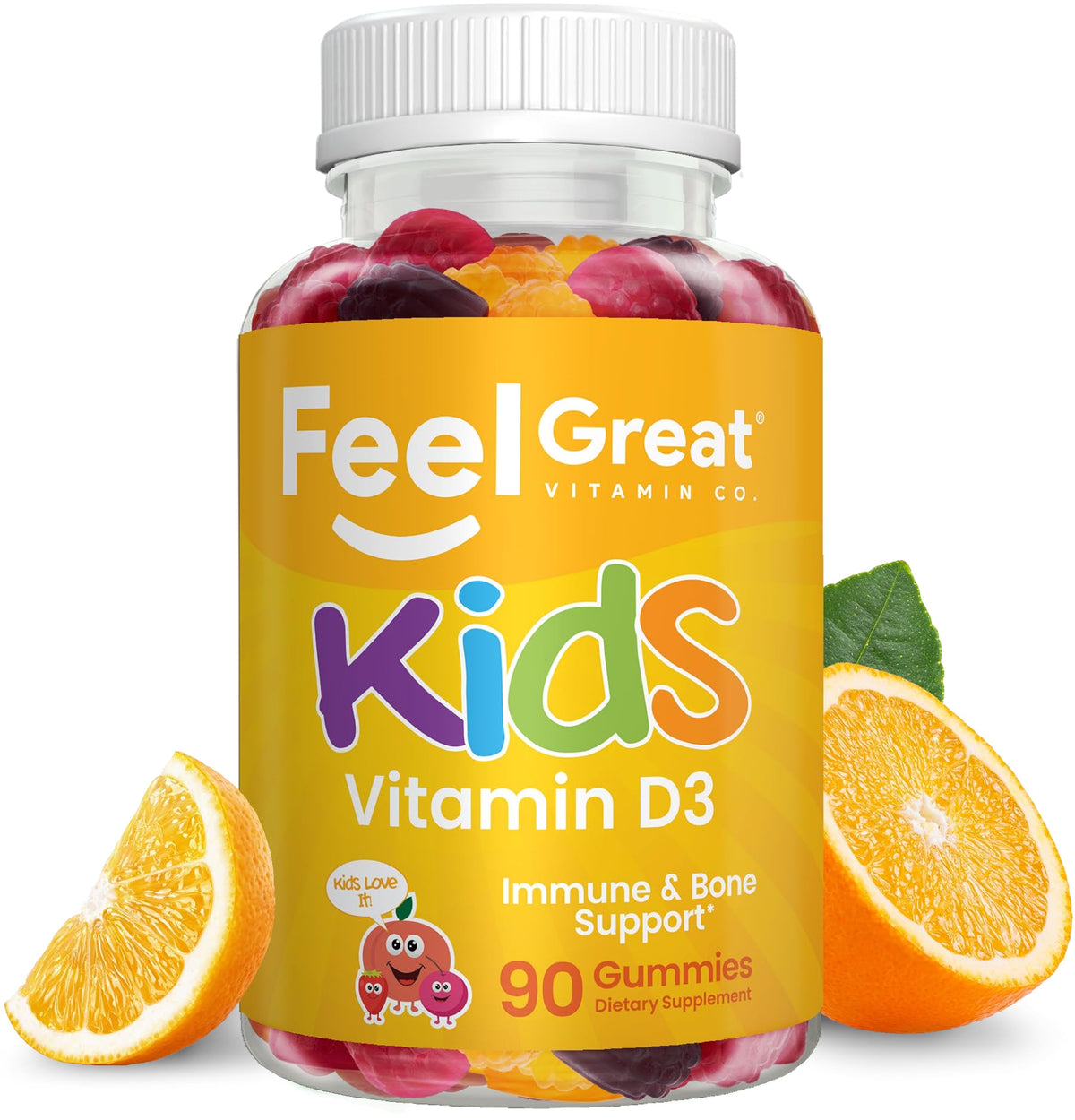 The Feel Great Kids Vitamin D3 bottle on a table supports immunity and bone health.