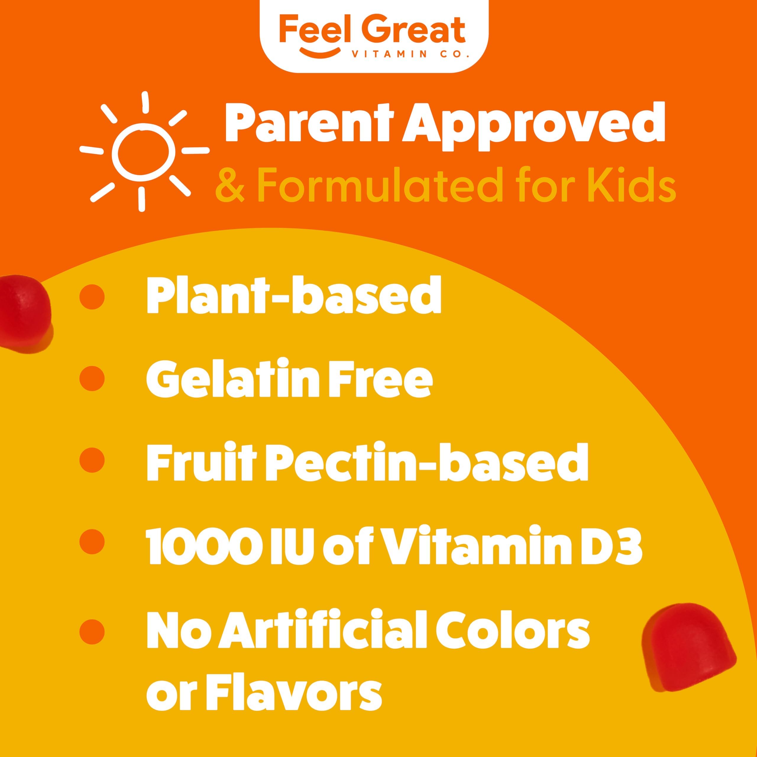 Feel Great Vitamin D3 bottle on shelf with citrus slices, highlighting tasty flavor.