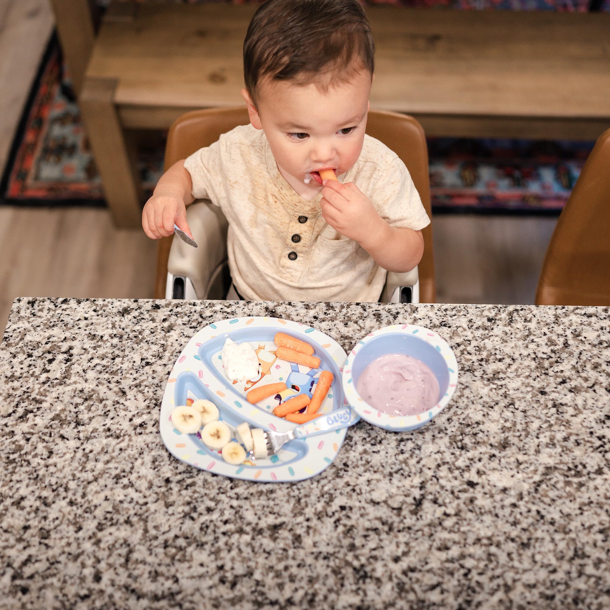 The First Years Bluey dishware is microwave-safe and BPA-free for busy families.