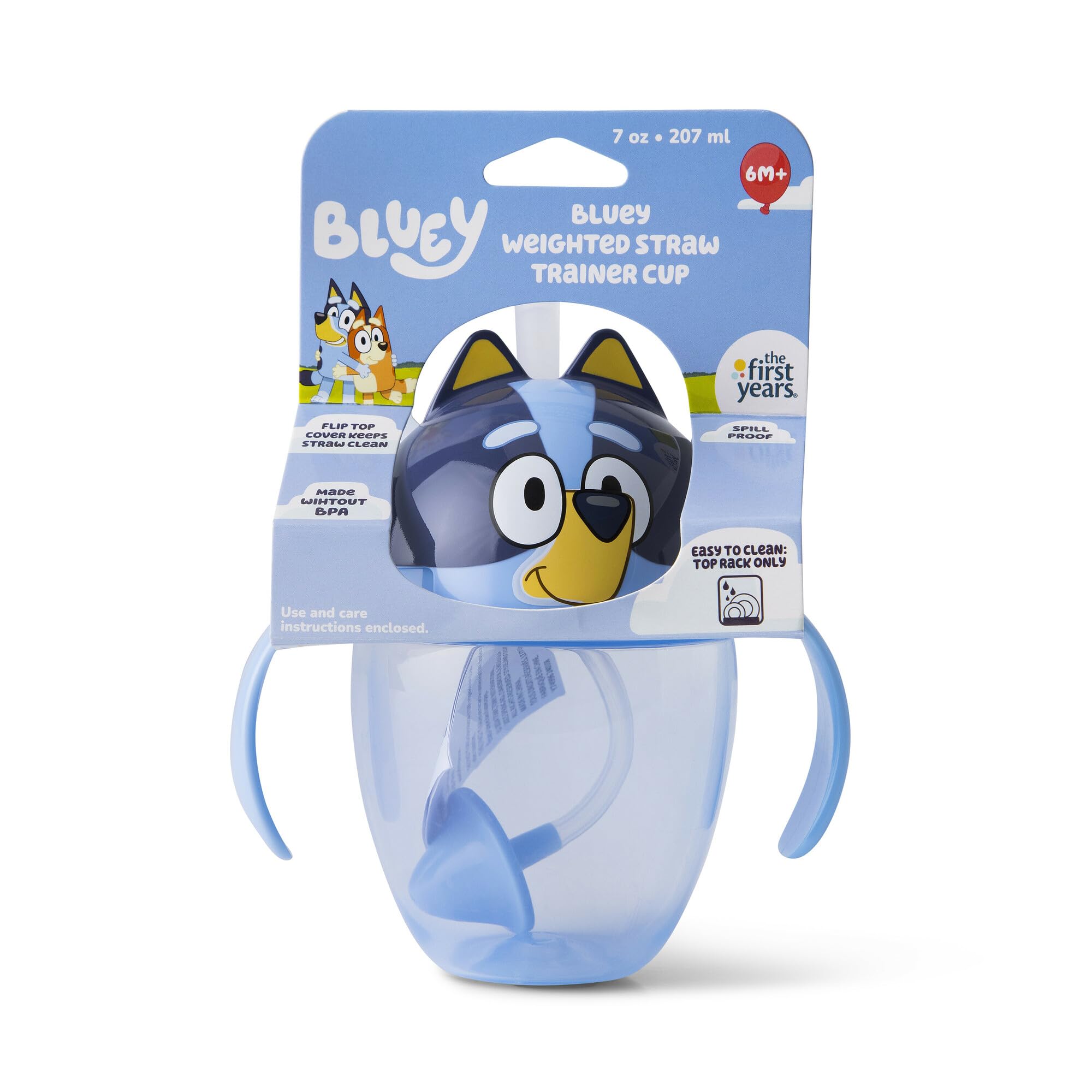 The First Years Bluey Trainer 7-ounce cup is BPA-free and kid-friendly.