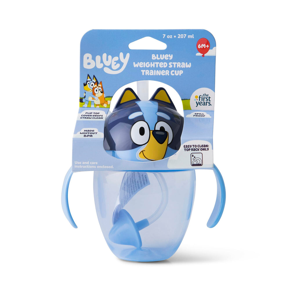 The First Years Bluey Trainer 7-ounce cup is BPA-free and kid-friendly.