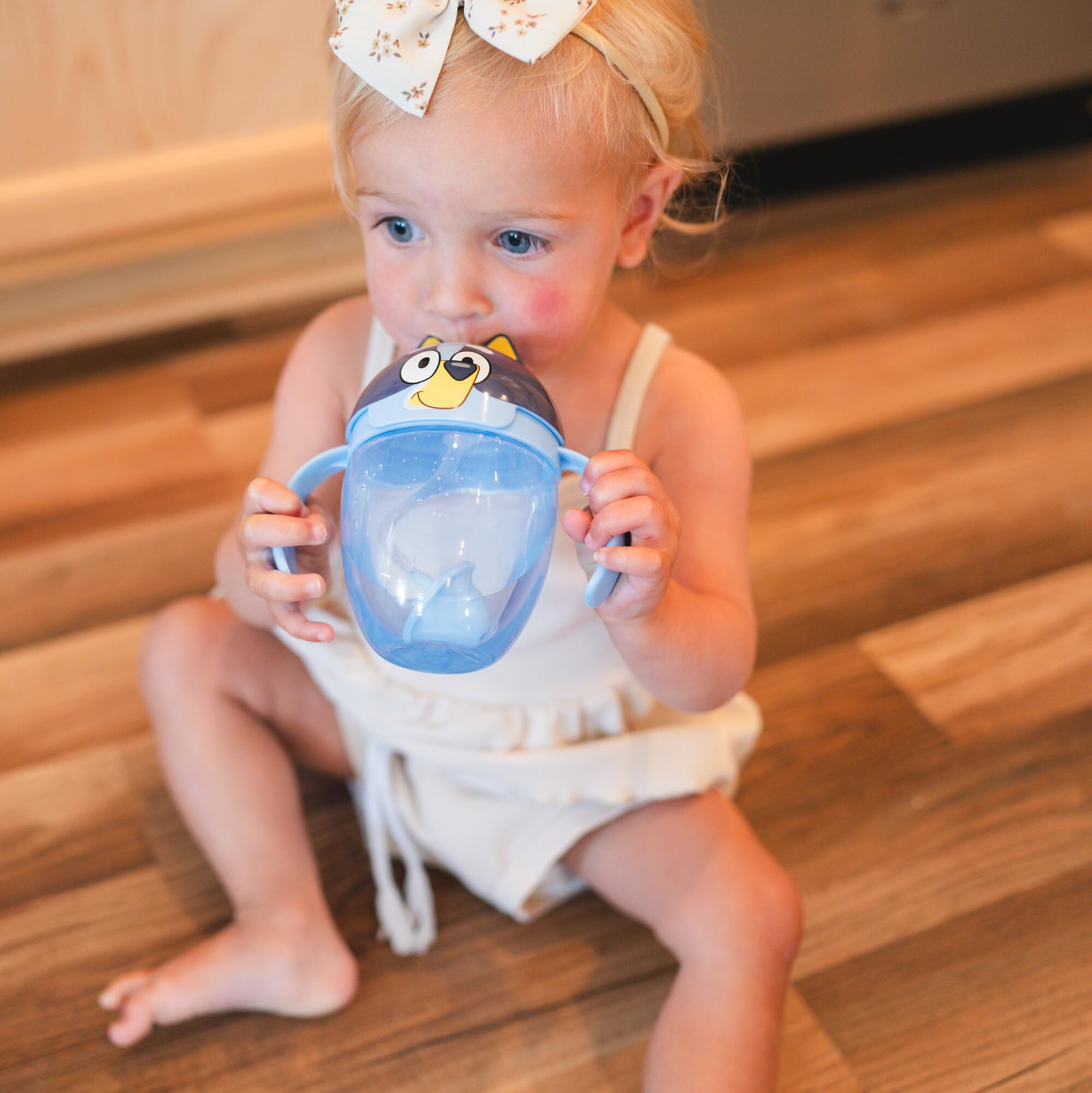 The First Years Bluey Trainer weighted straw cup has a removable straw weight for easy cleaning.