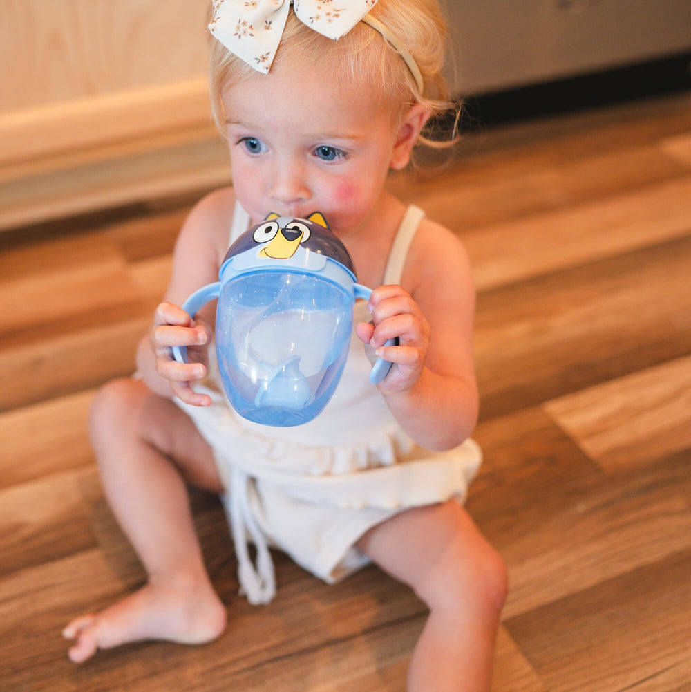 The First Years Bluey Trainer weighted straw cup has a removable straw weight for easy cleaning.