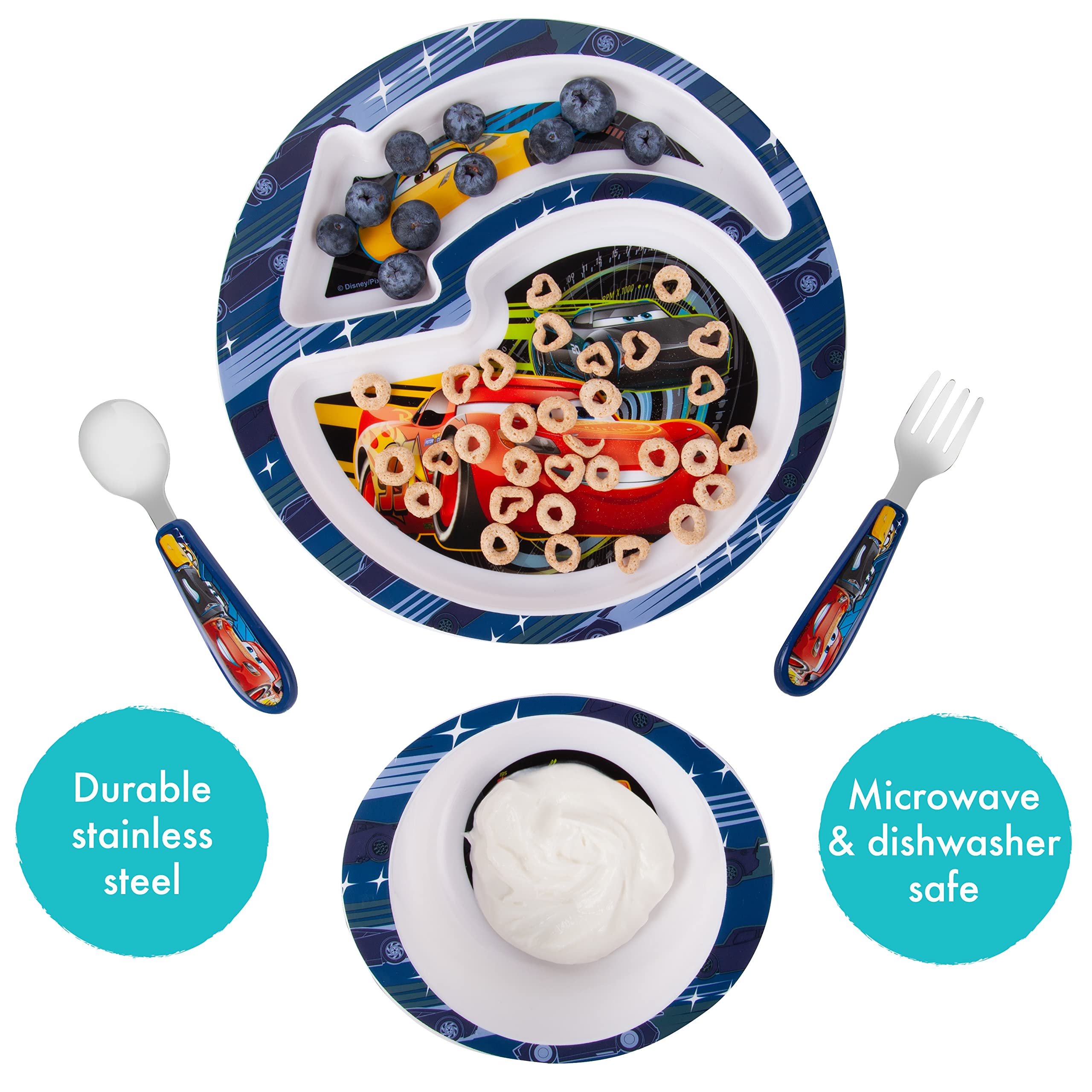 The First Years Cars divided plate keeps meals organized for kids.