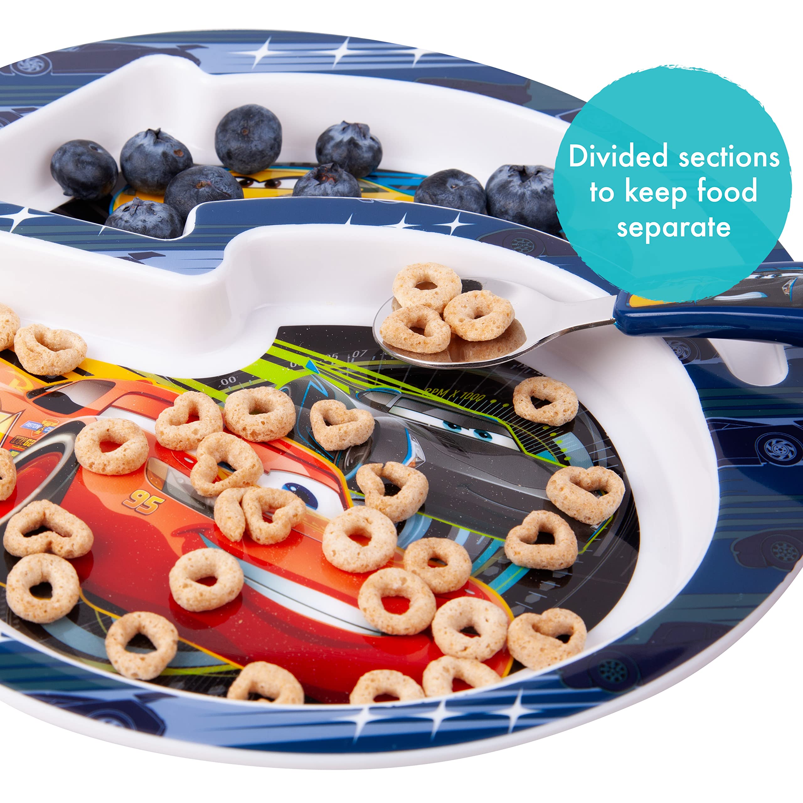 The First Years Cars fork with easy-to-hold handles supports self-feeding.