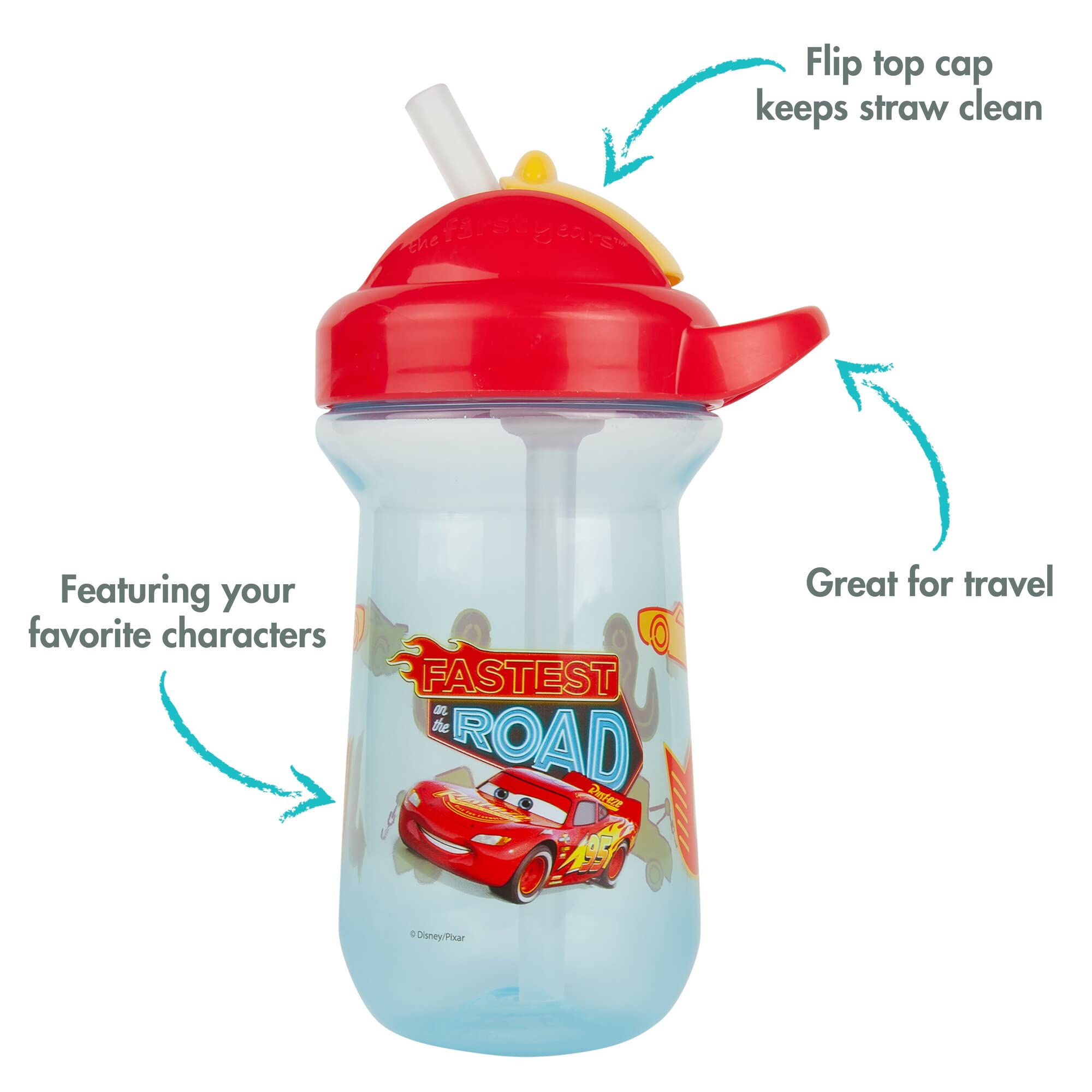 The First Years Disney Cars cup features a flip-top lid revealing the straw.
