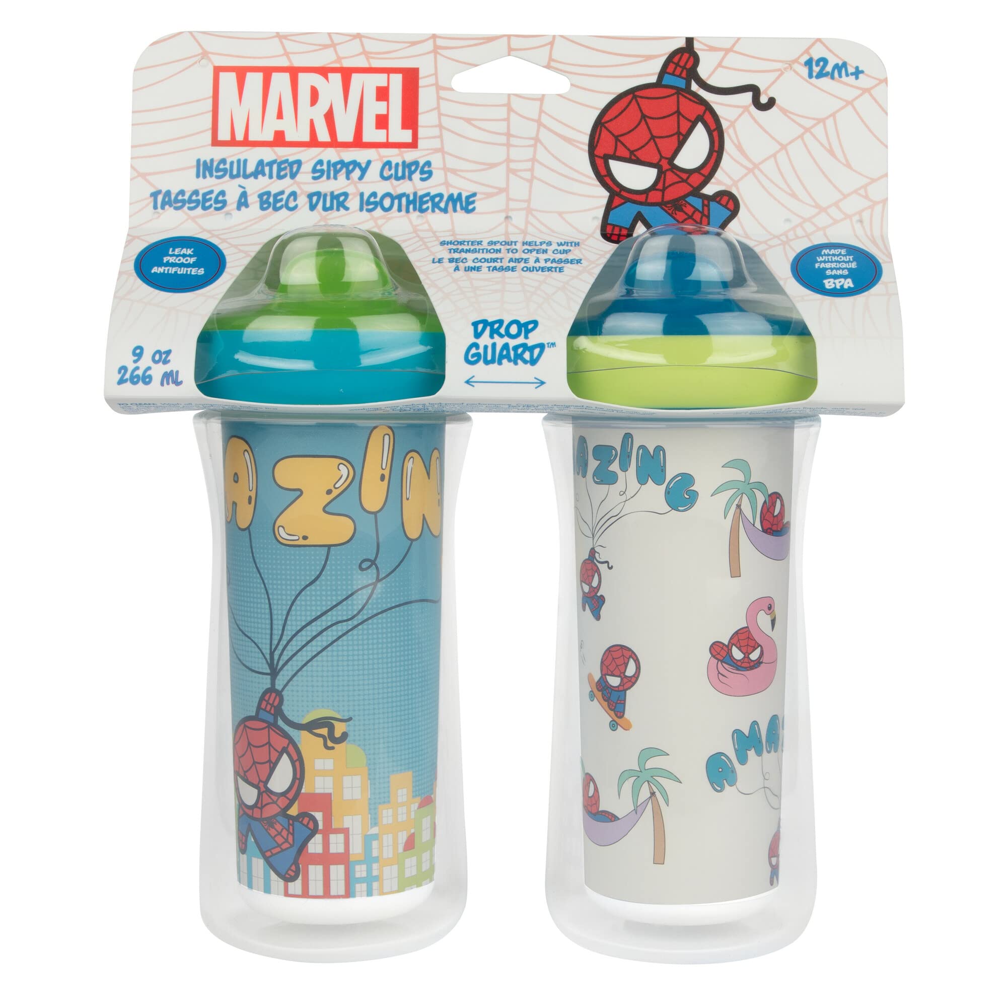 Two 9-ounce Marvel sippy cups maintain cold drinks for busy families