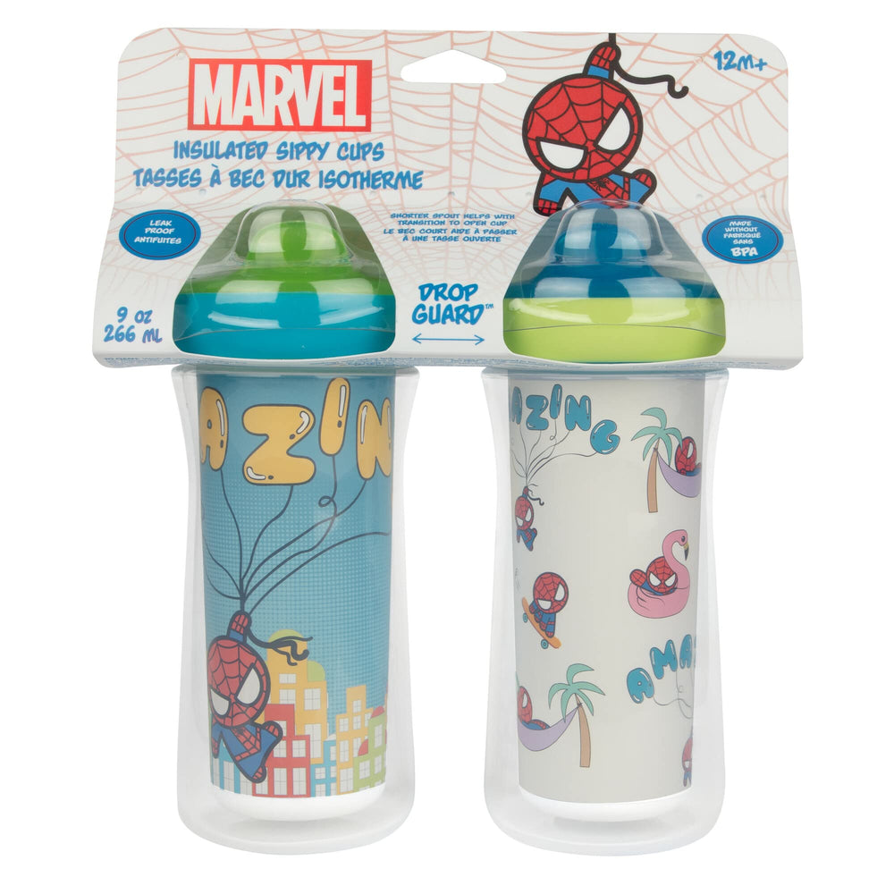 Two 9-ounce Marvel sippy cups maintain cold drinks for busy families