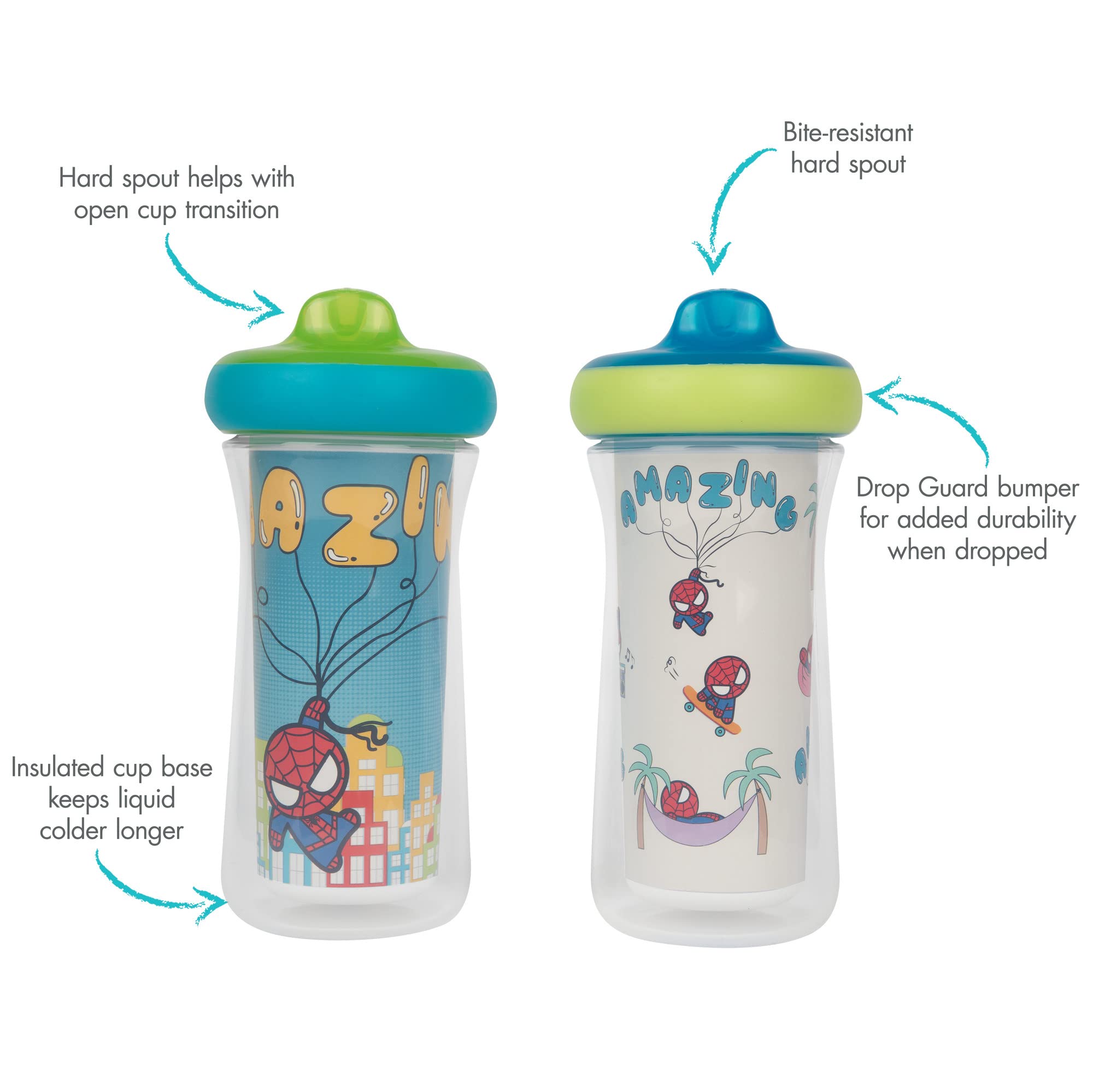 Marvel insulated sippy cup with bite-resistant spout for safe early sipping