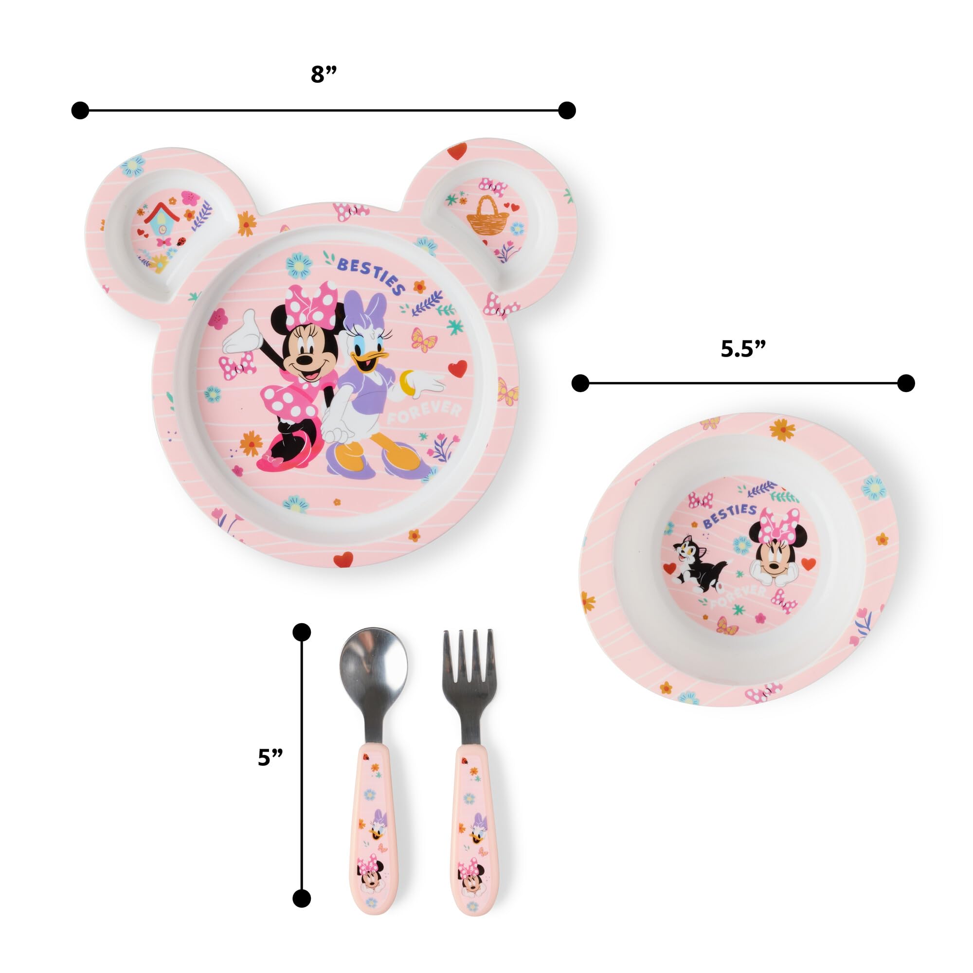 The First Years Minnie Mouse dining set encourages self-feeding during mealtimes.