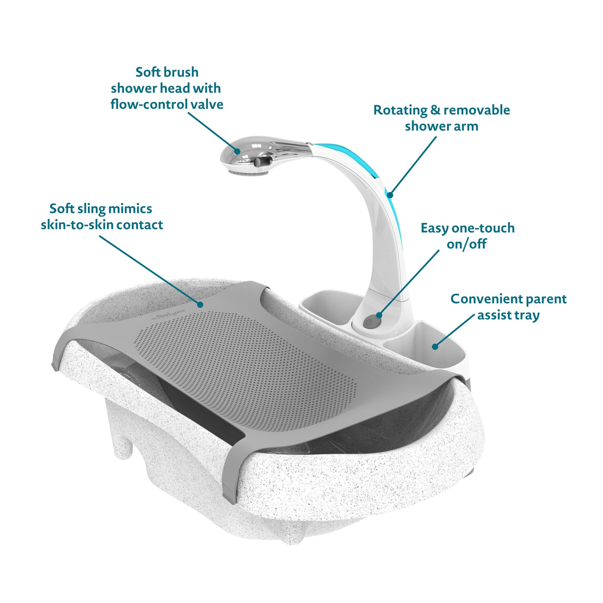 The First Years Rain Shower double-sided tray keeps bath essentials nearby.
