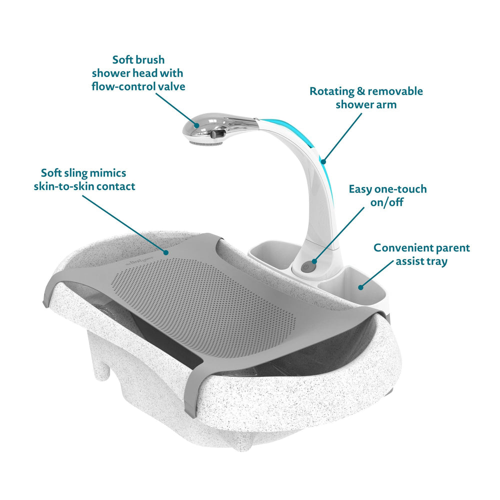 The First Years Rain Shower double-sided tray keeps bath essentials nearby.