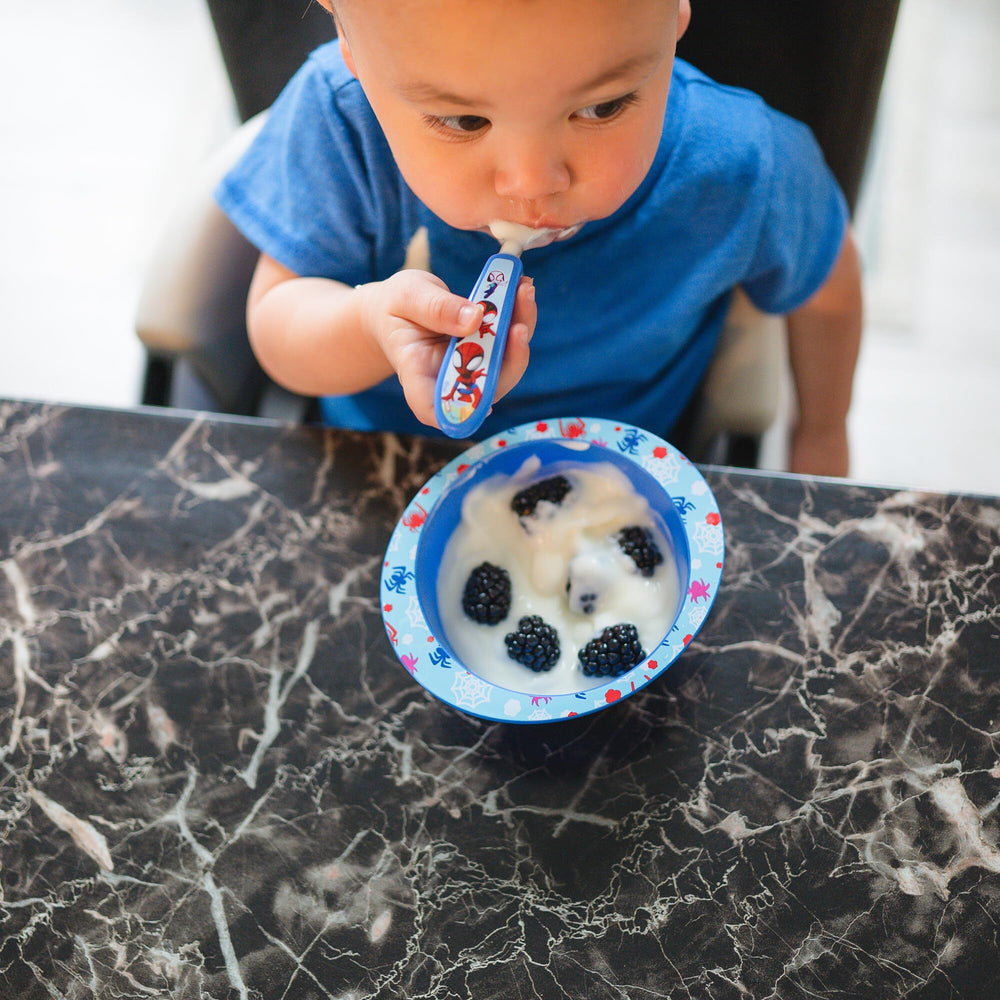 The First Years Spidey dinnerware is dishwasher safe for quick cleanup