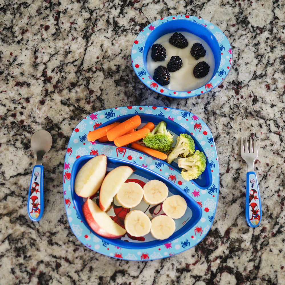 The First Years Spidey divided plate keeps foods separate for picky eaters