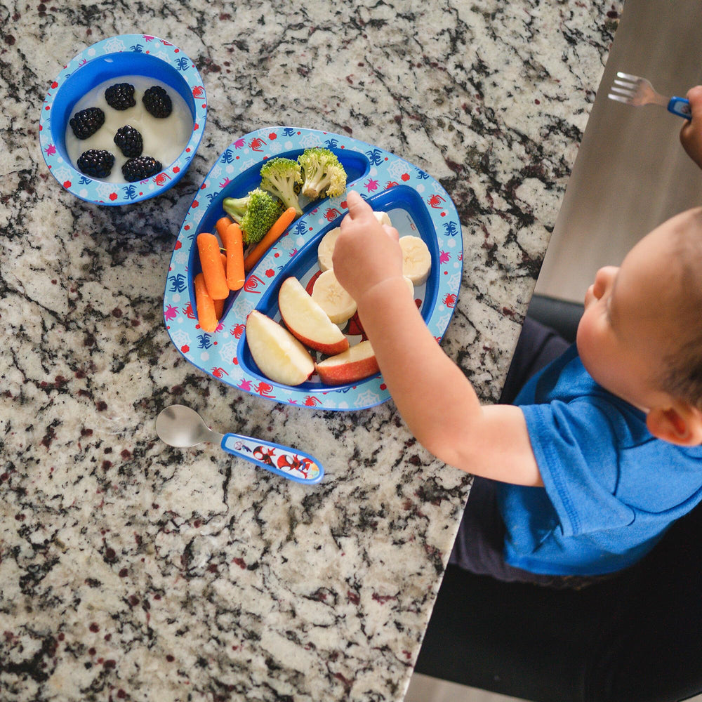 The First Years Spidey spoon designed for small fingers and scooping control
