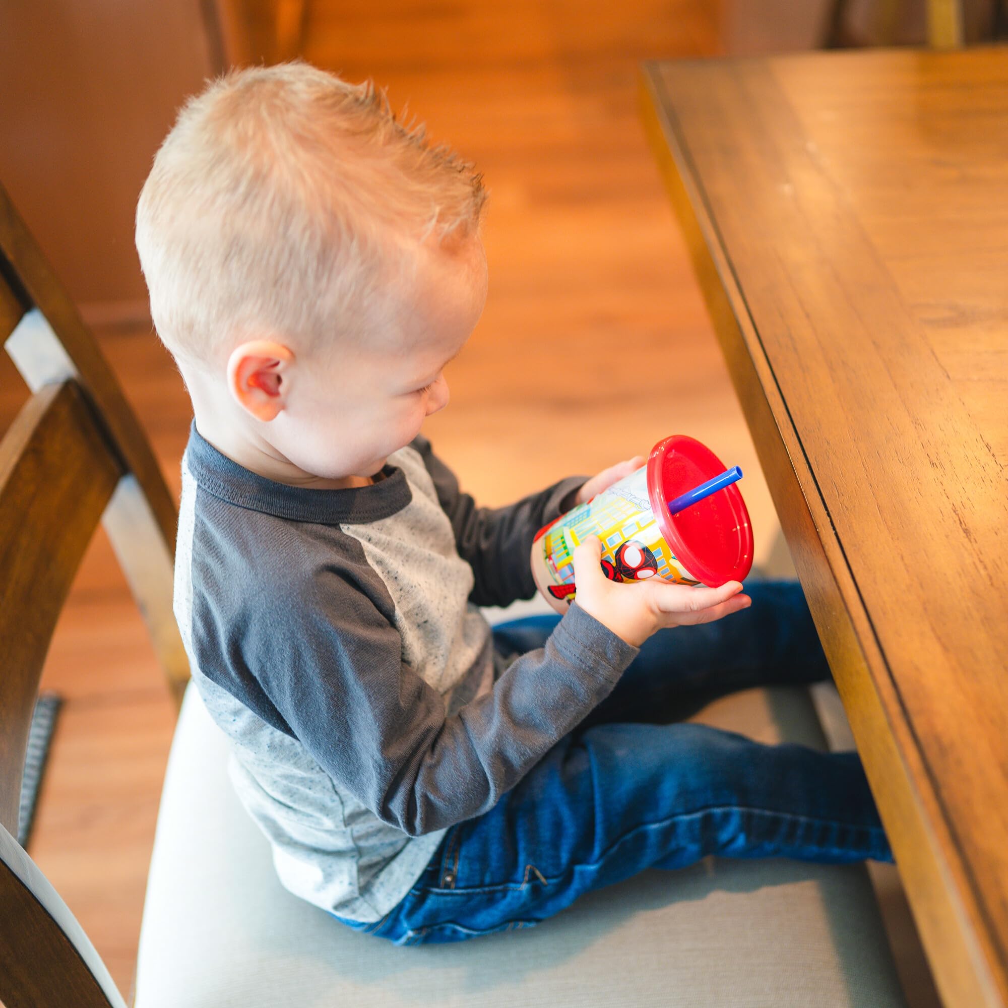 The First Years Spidey Take & Toss cups are top-rack dishwasher safe for quick cleaning.