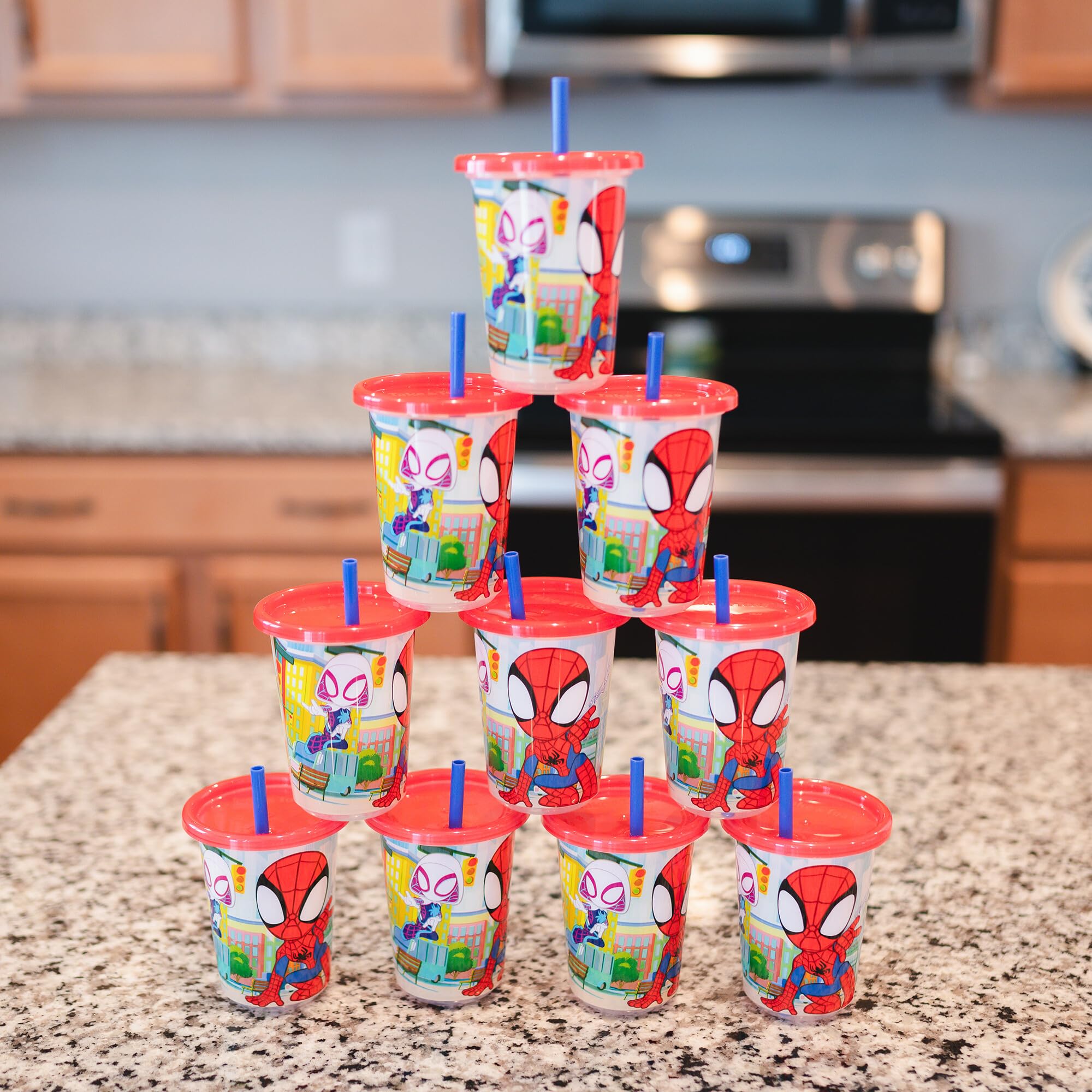 The First Years Spidey Take & Toss cups feature interchangeable lids for easy replacement on the go.