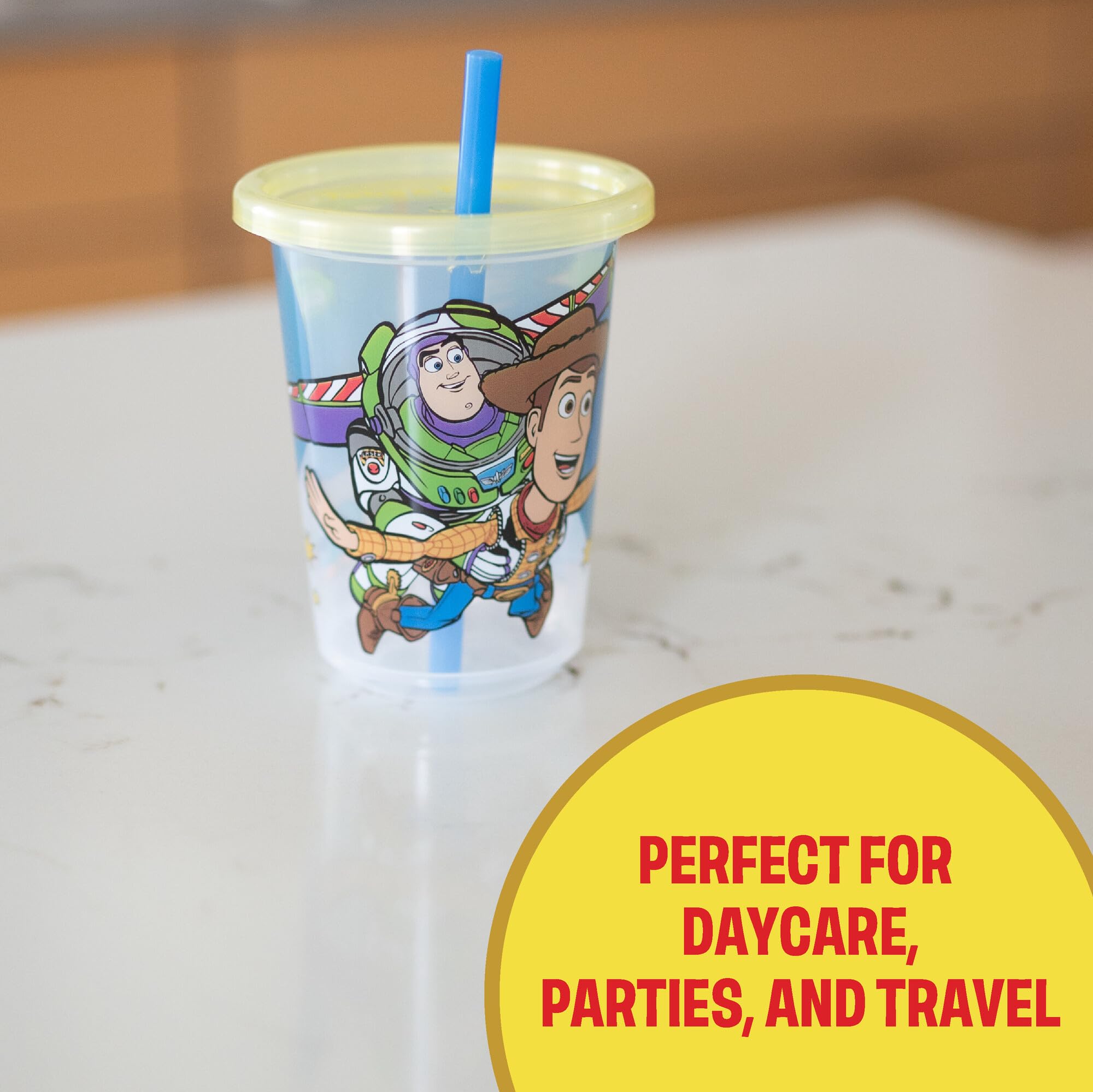 The First Years Toy Story cups showing translucent sides to view remaining drink