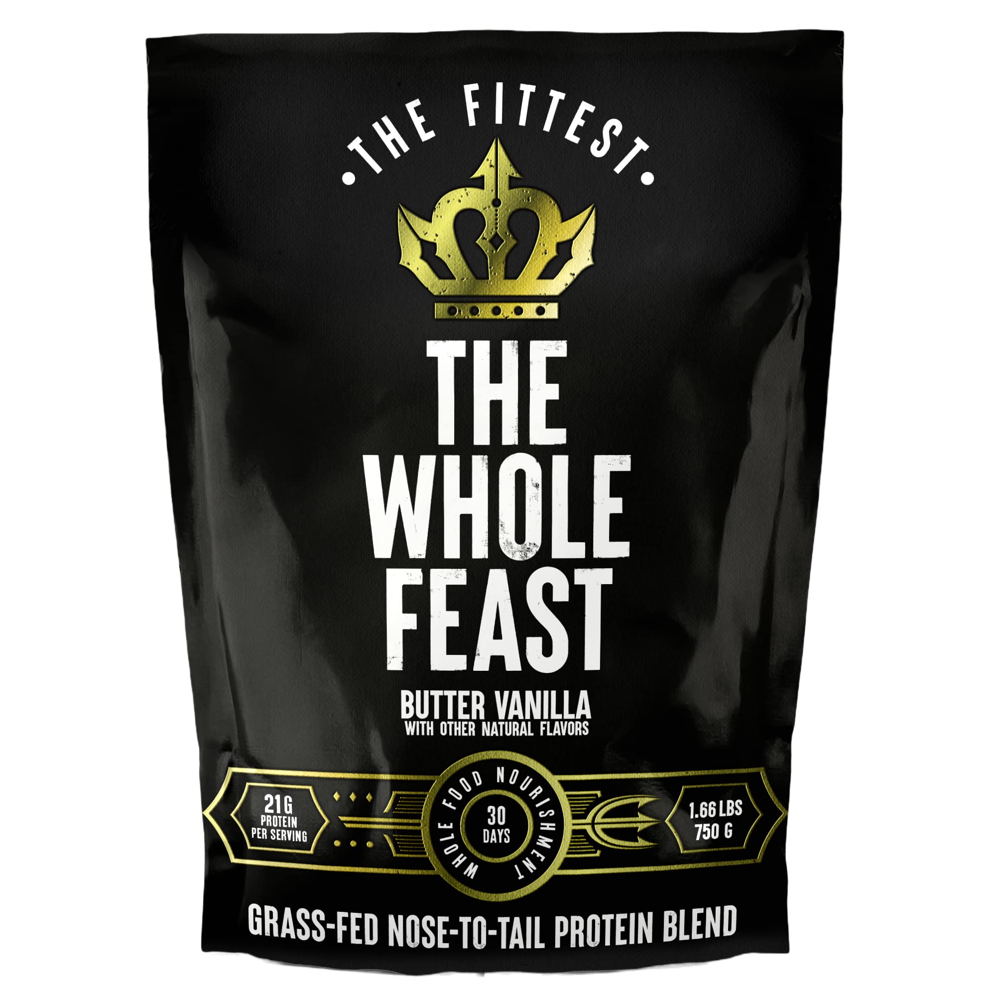 The Fittest Ever Whole Feast beef protein powder butter-vanilla front-of-pack image, ideal for keto shakes