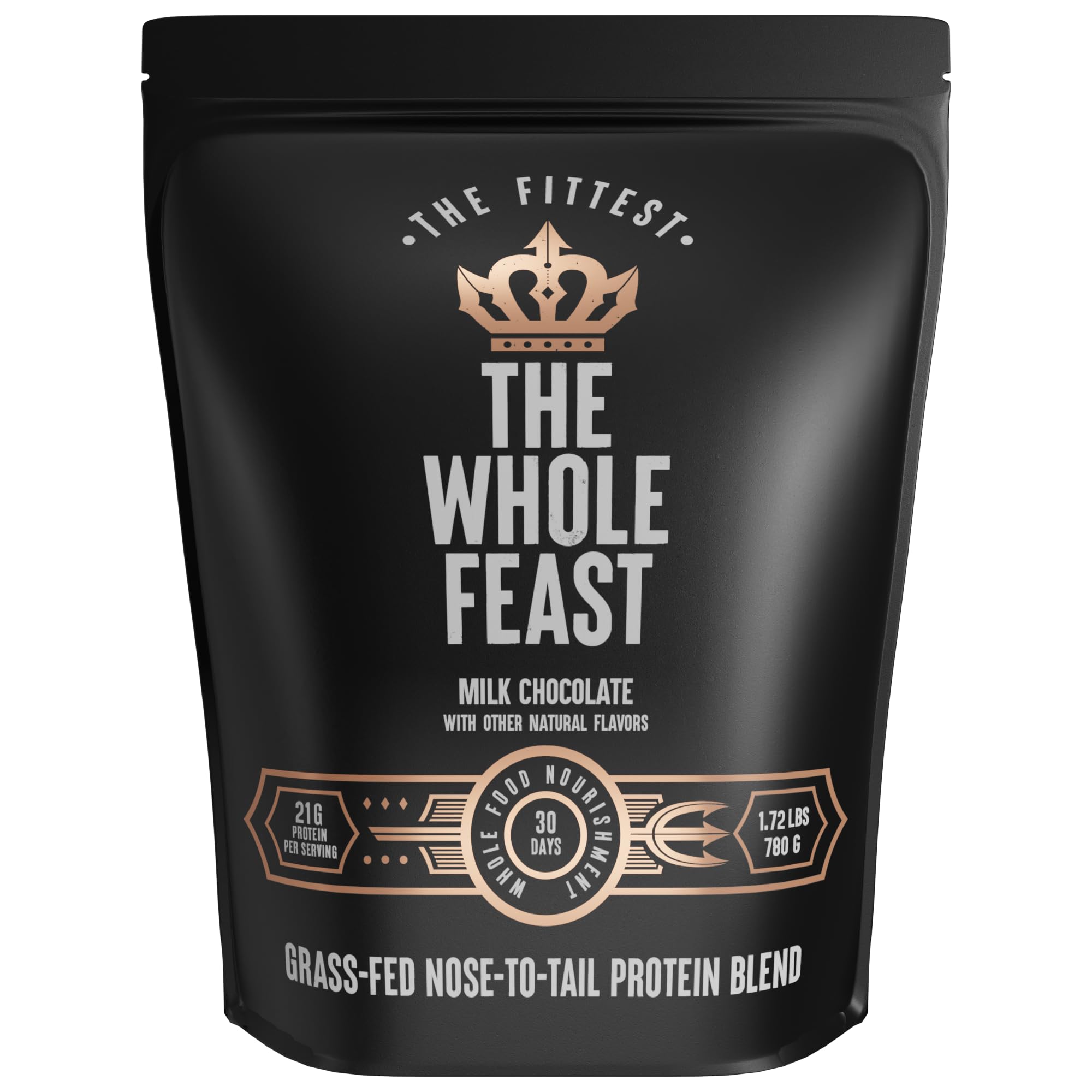 The Fittest Whole Feast beef protein powder bag front showcases grass-fed protein for lean muscle support.
