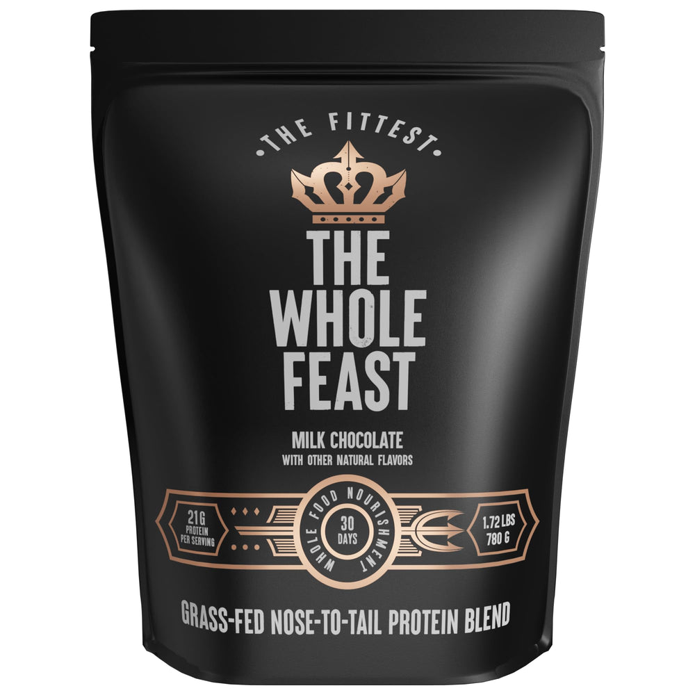 The Fittest Whole Feast beef protein powder bag front showcases grass-fed protein for lean muscle support.