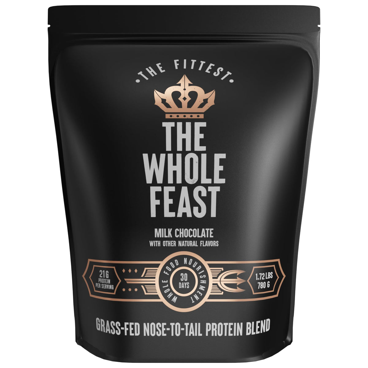 The Fittest Whole Feast beef protein powder bag front showcases grass-fed protein for lean muscle support.