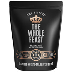 The Fittest Whole Feast beef protein powder bag front showcases grass-fed protein for lean muscle support.