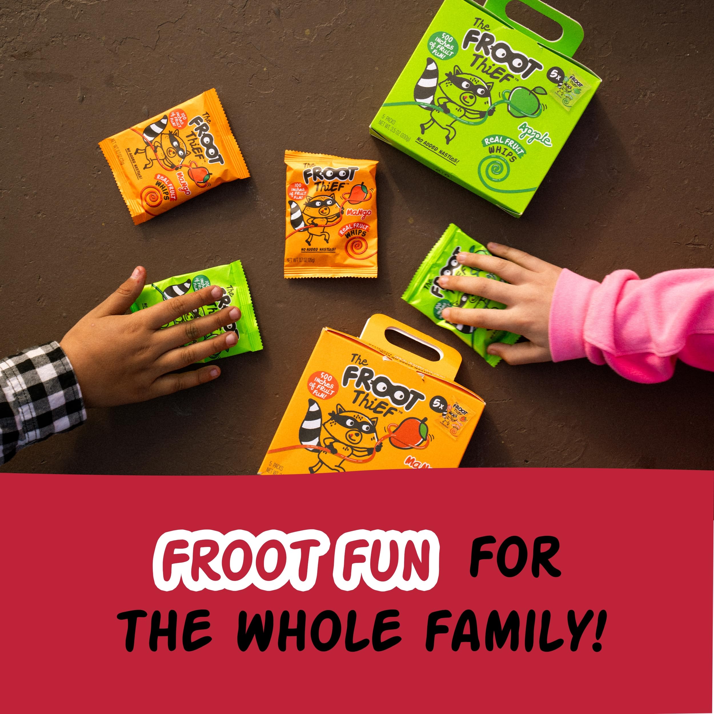 The FROOT Thief strawberry snack whip and its cheerful, vivid color appeal.