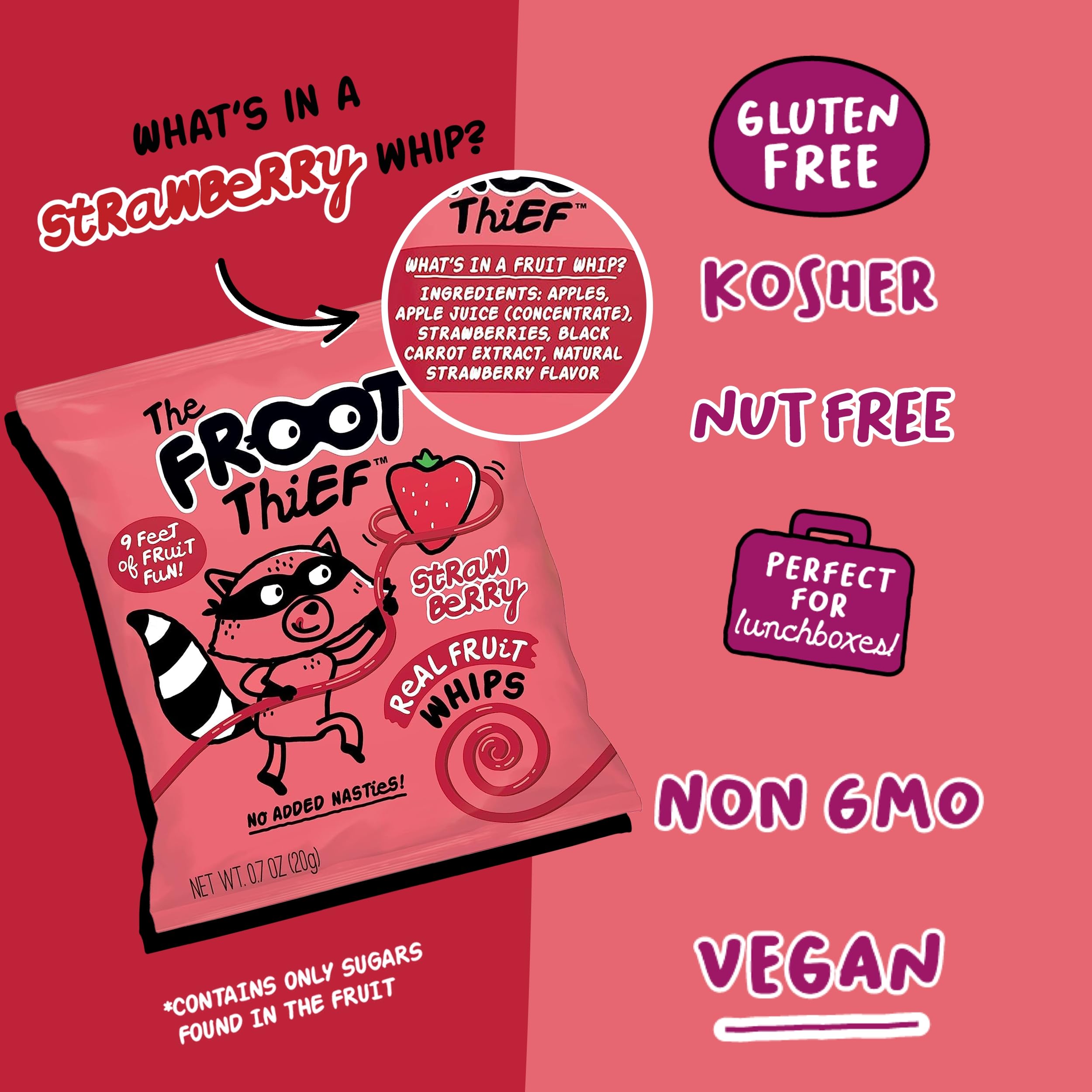 The FROOT Thief single-serve pack of strawberry whips, ideal for on-the-go snacking.