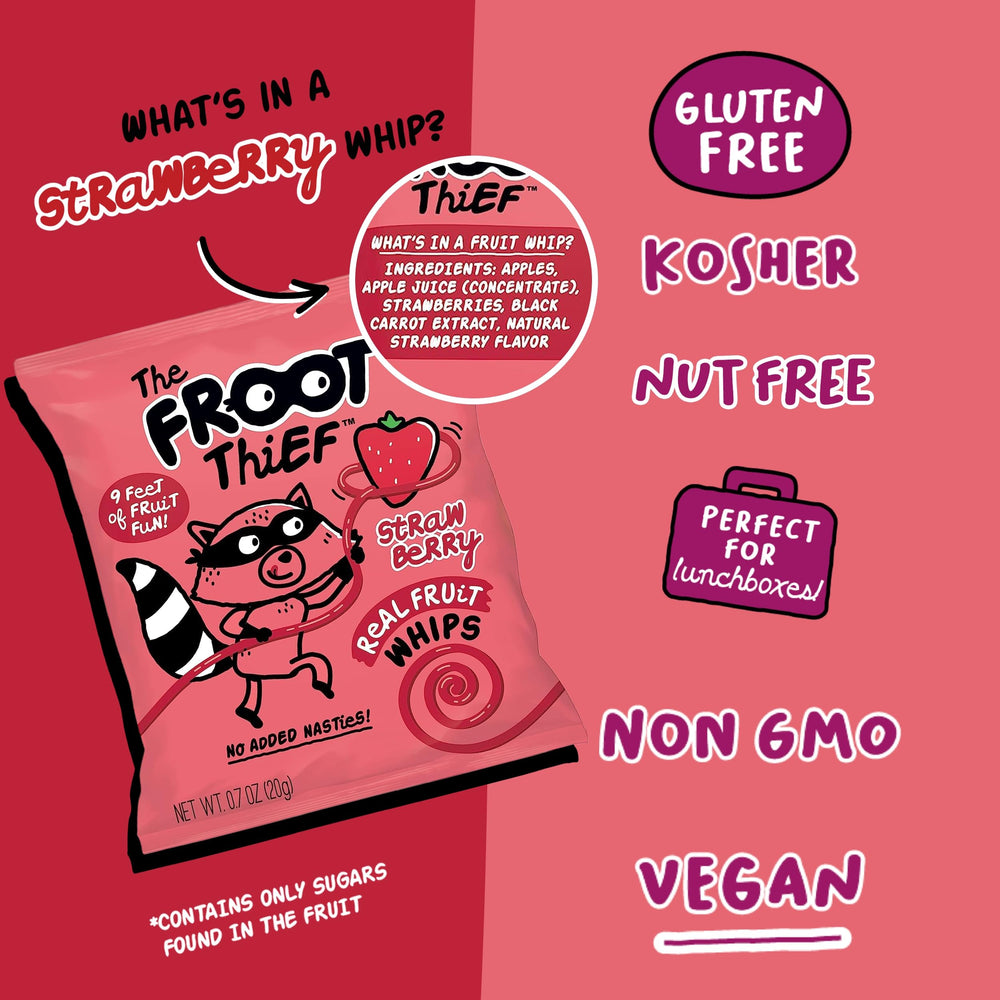 The FROOT Thief single-serve pack of strawberry whips, ideal for on-the-go snacking.