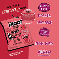 The FROOT Thief single-serve pack of strawberry whips, ideal for on-the-go snacking.