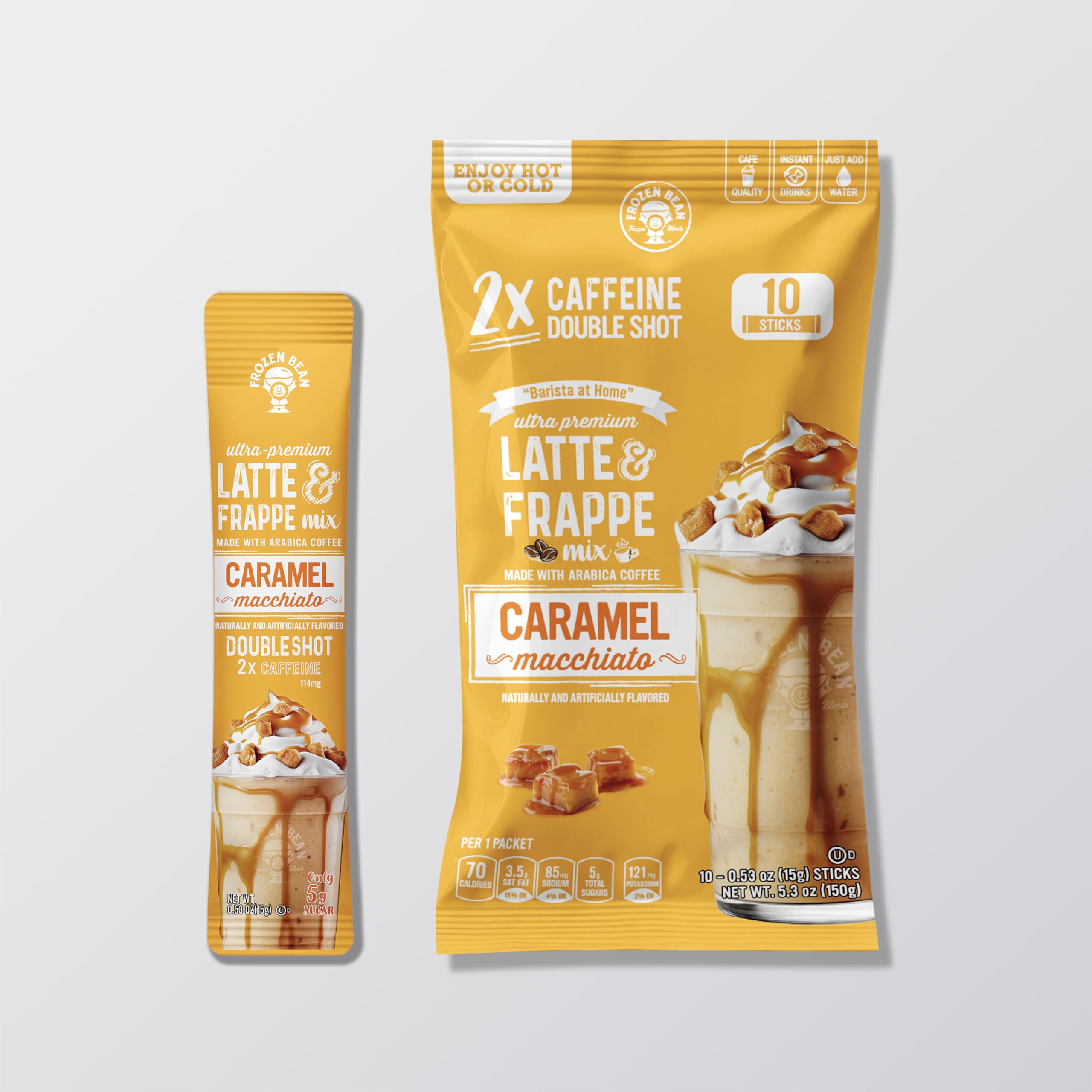 The Frozen Bean caramel macchiato frappe stick ready for quick, cafe-style drinks on the go